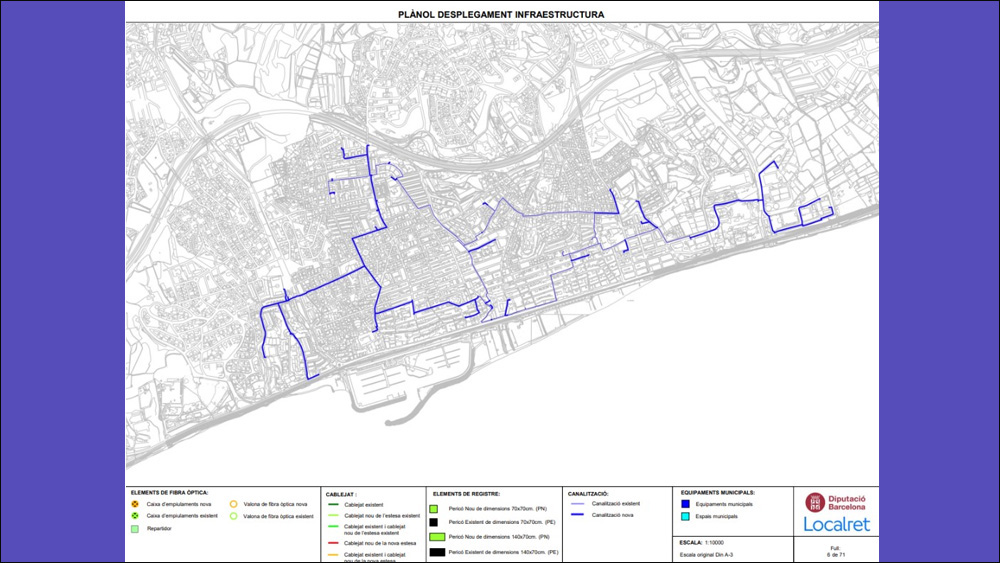 Plànol de desplegament d'infraestructures al Masnou, amb la canalització existent i la canalització nova. Foto: Diputació de Barcelona Plànol de desplegament d'infraestructures al Masnou, amb la canalització existent i la canalització nova. Foto: Diputació de Barcelona