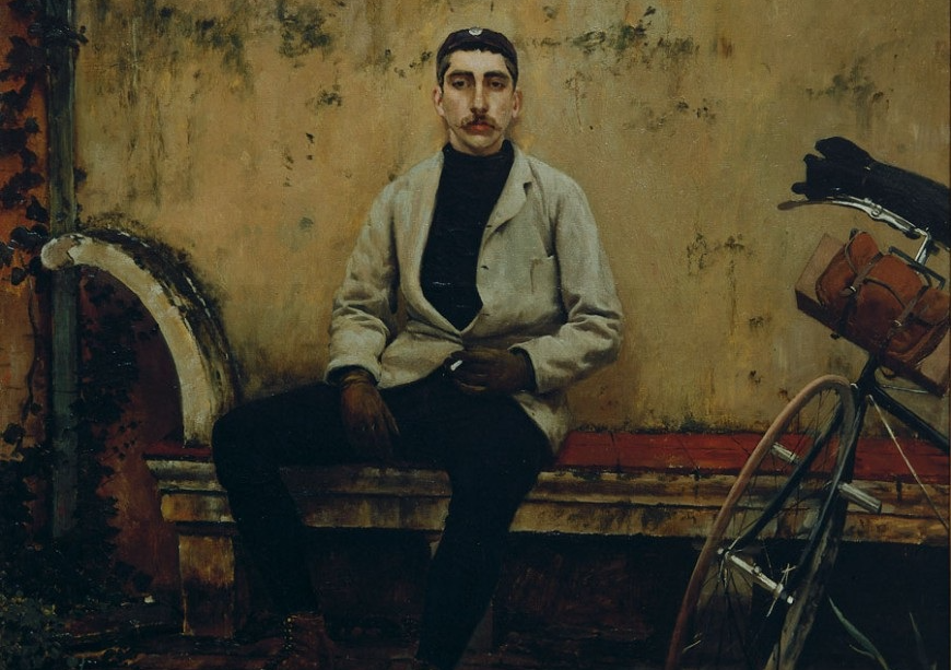 Fragment de «Retrat de Ramon Casas en bicicleta» de Santiago Rusiñol