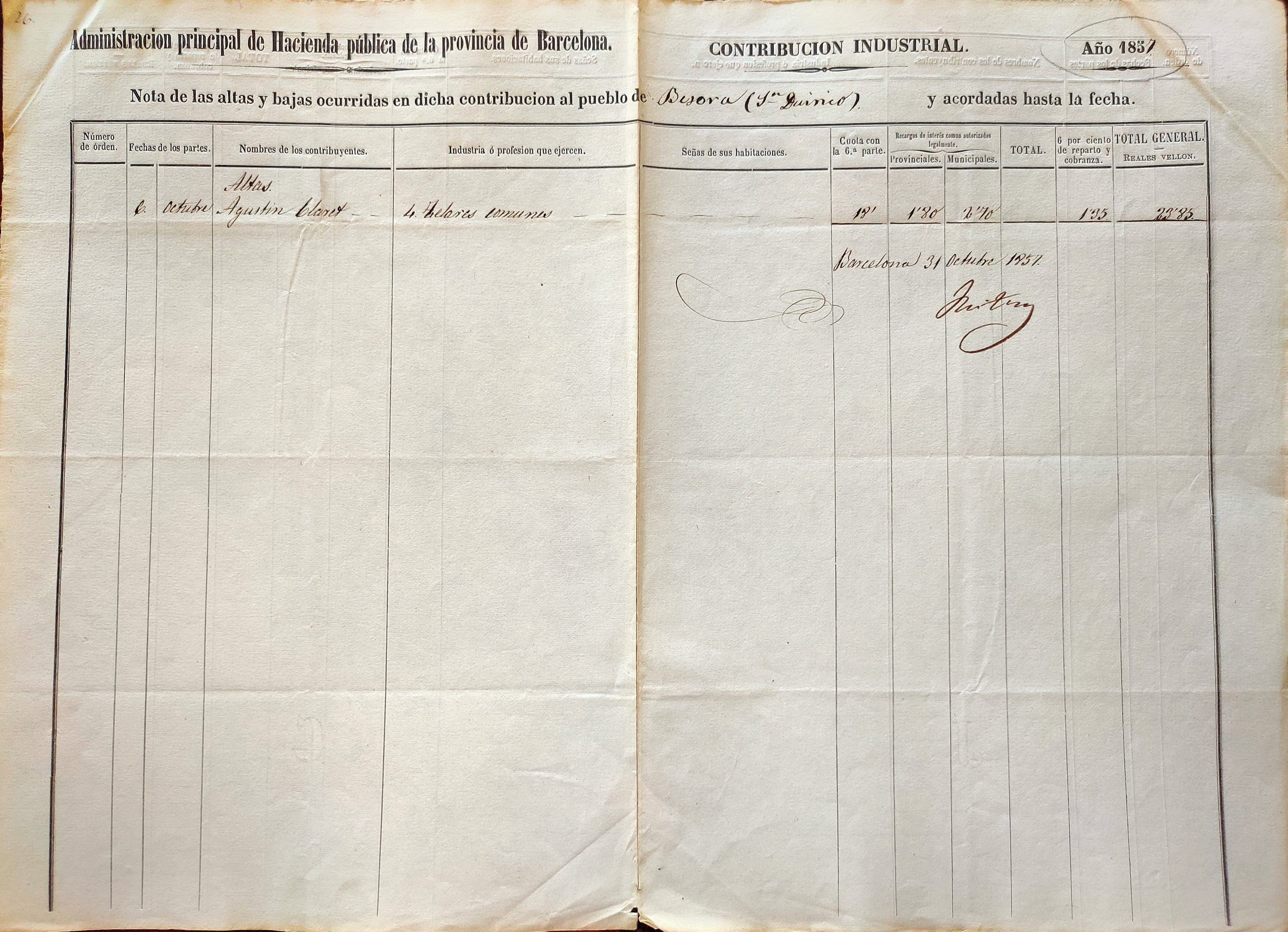 imatge Alta a la contribució industrial, 1857, Sant Quirze de Besora. Arxiu Municipal de Sant Quirze de Besora.
