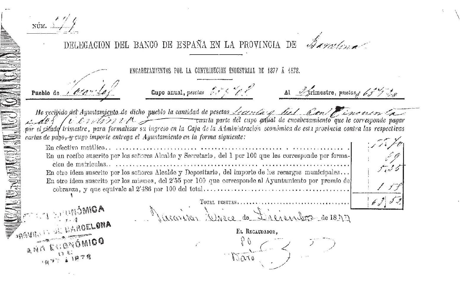 imatge Bono de la contribució industrial, 1877, Vacarisses. Arxiu Municipal de Vacarisses.