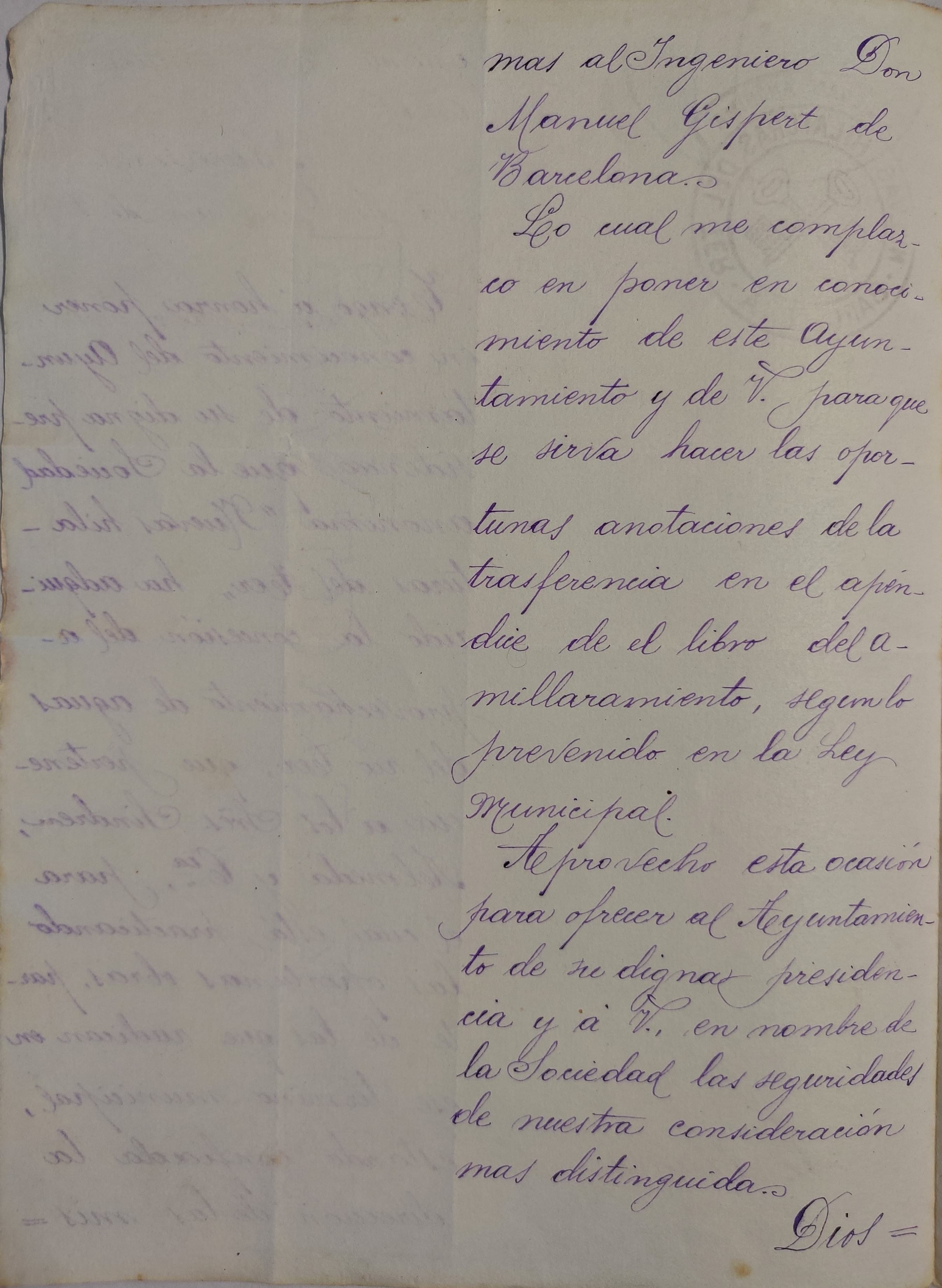 imatge Carta anunciant l'adquisició del dret d'aprofitament del salt d'aigua als propietaris de la colònia Vila-seca per part de la societat escocesa Nuevas Hilaturas del Ter, S.A., 1893, Sant Vicenç de Torelló. Arxiu Municipal de Sant Vicenç de Torelló.