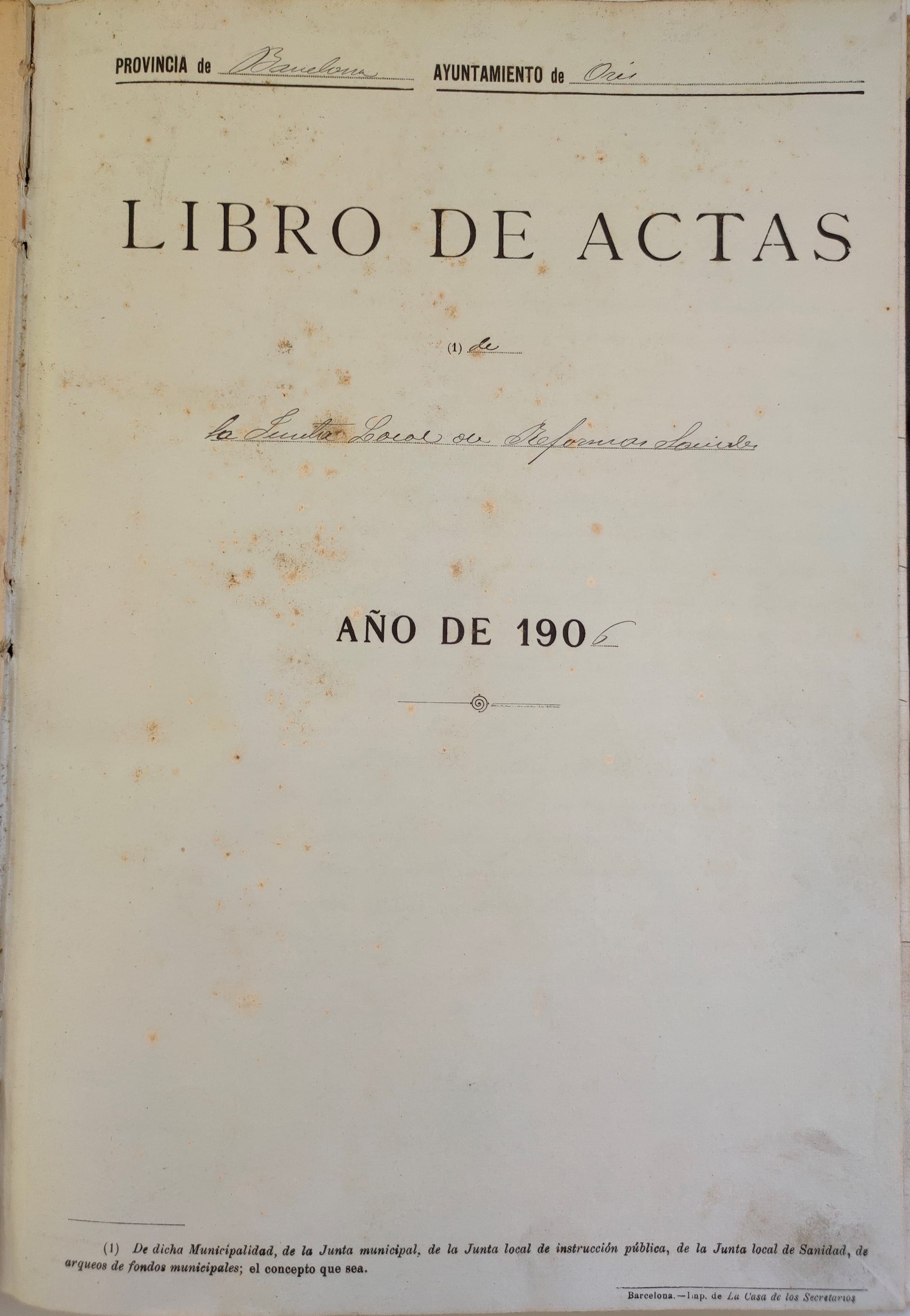 imatge Llibre d'actes de la Junta Local de Reformes Socials d'Orís, 1913, Orís. Arxiu Municipal d'Orís.