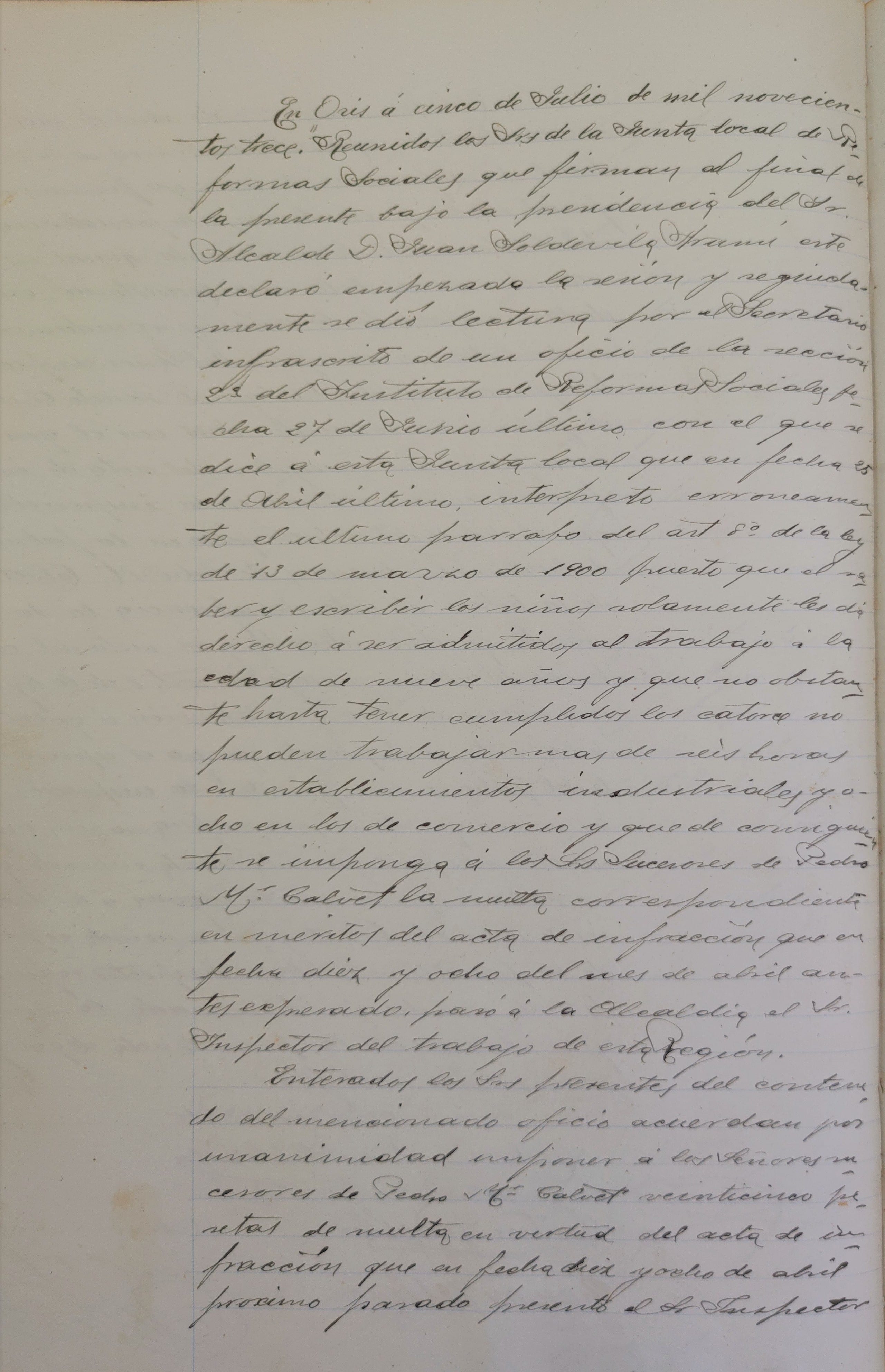 imatge Llibre d'actes de la Junta Local de Reformes Socials d'Orís, 1913, Orís. Arxiu Municipal d'Orís.