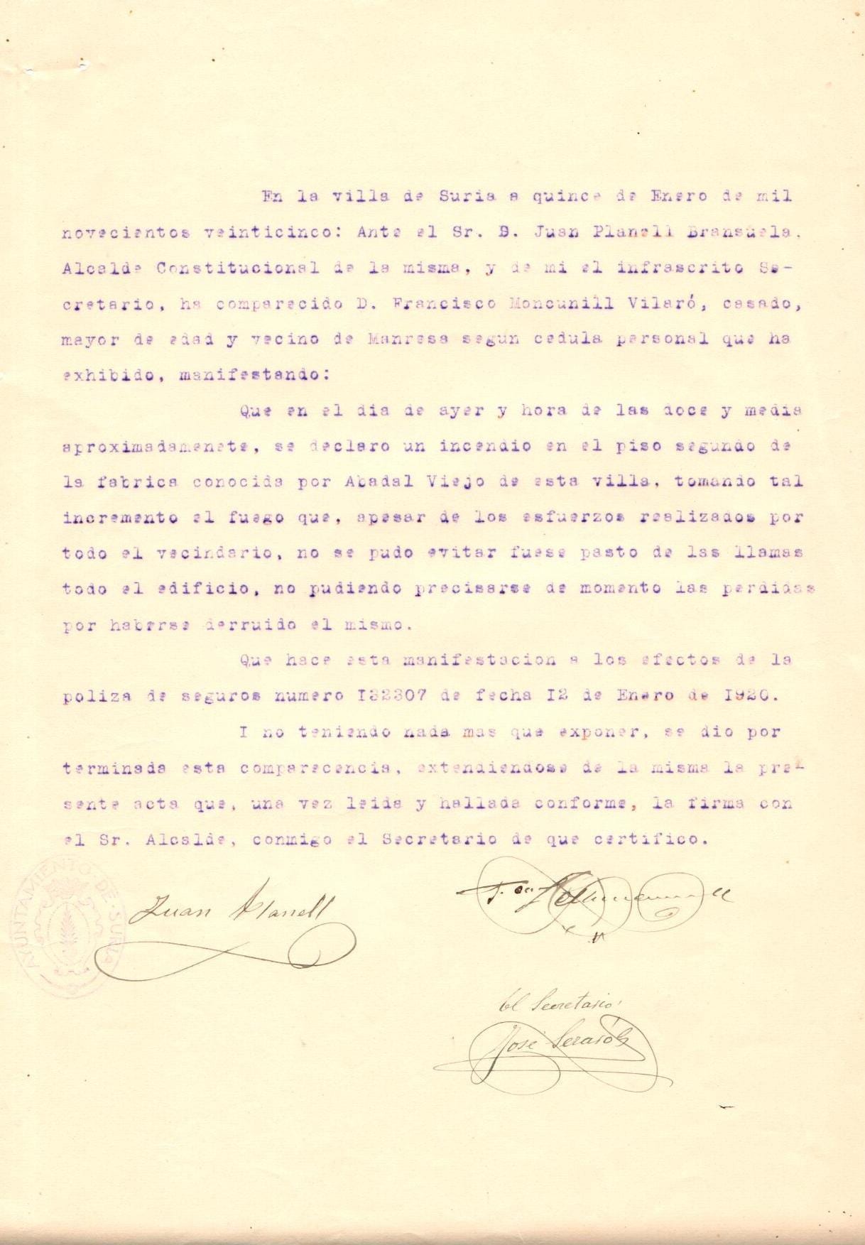 imatge Declaració del propietari sobre l'incendi que va destruir la fàbrica de l'Abadal vell, 1925, Súria. Arxiu Municipal de Súria.
