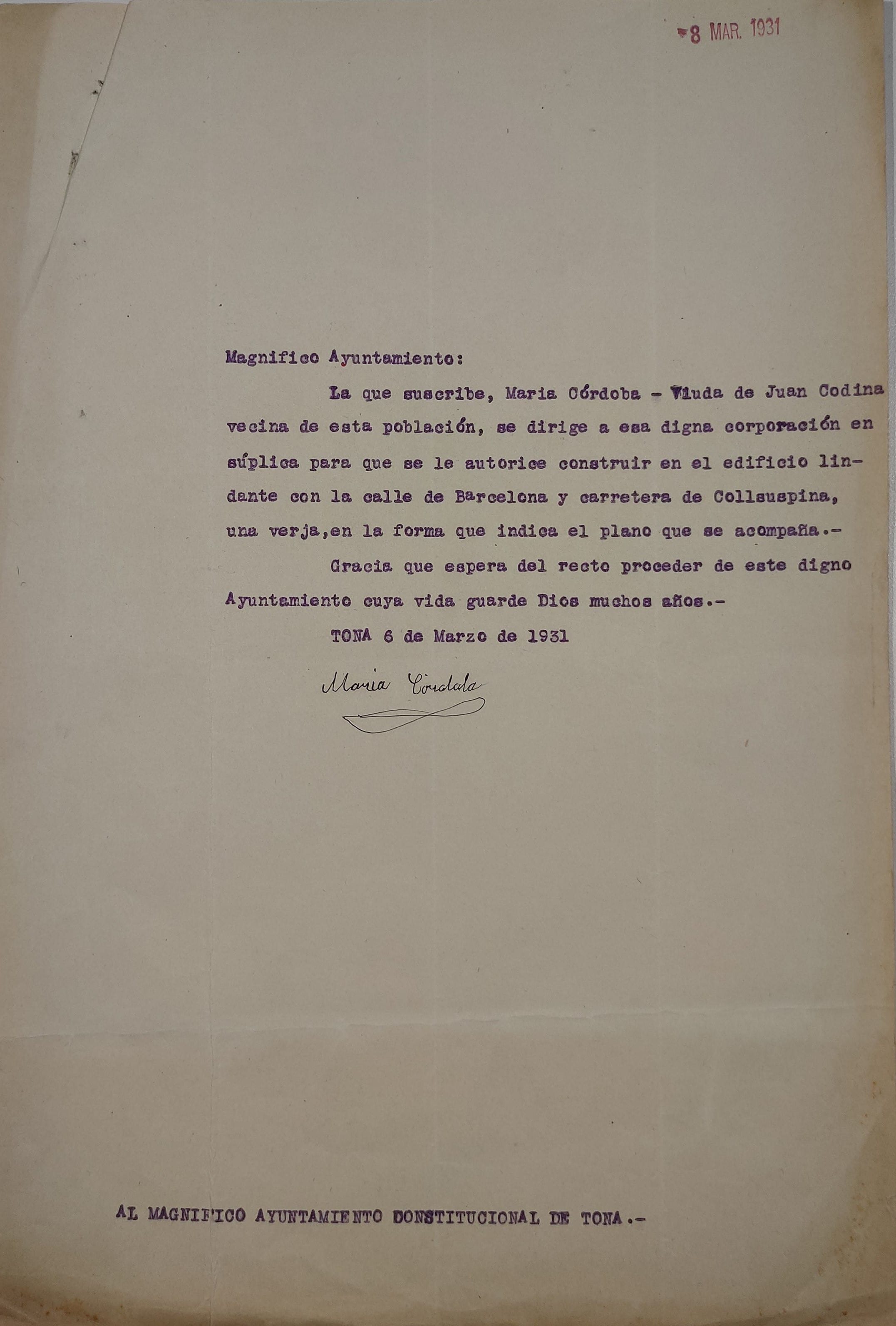 imatge Llicència d'obres particulars de la fàbrica de cadires, 1931, Tona. Arxiu Municipal de Tona.