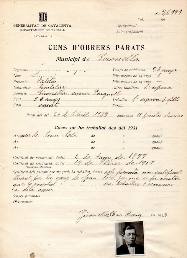 imatge Fitxa del cens d'obrers parats, 1933, Gironella. Arxiu Municipal de Gironella.