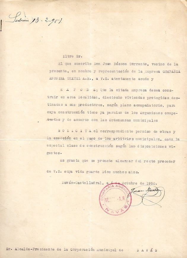 imatge Instància per poder construir habitatges pels treballadors de la fàbrica Vidal, 1950, Navàs. Arxiu Municipal de Navàs.