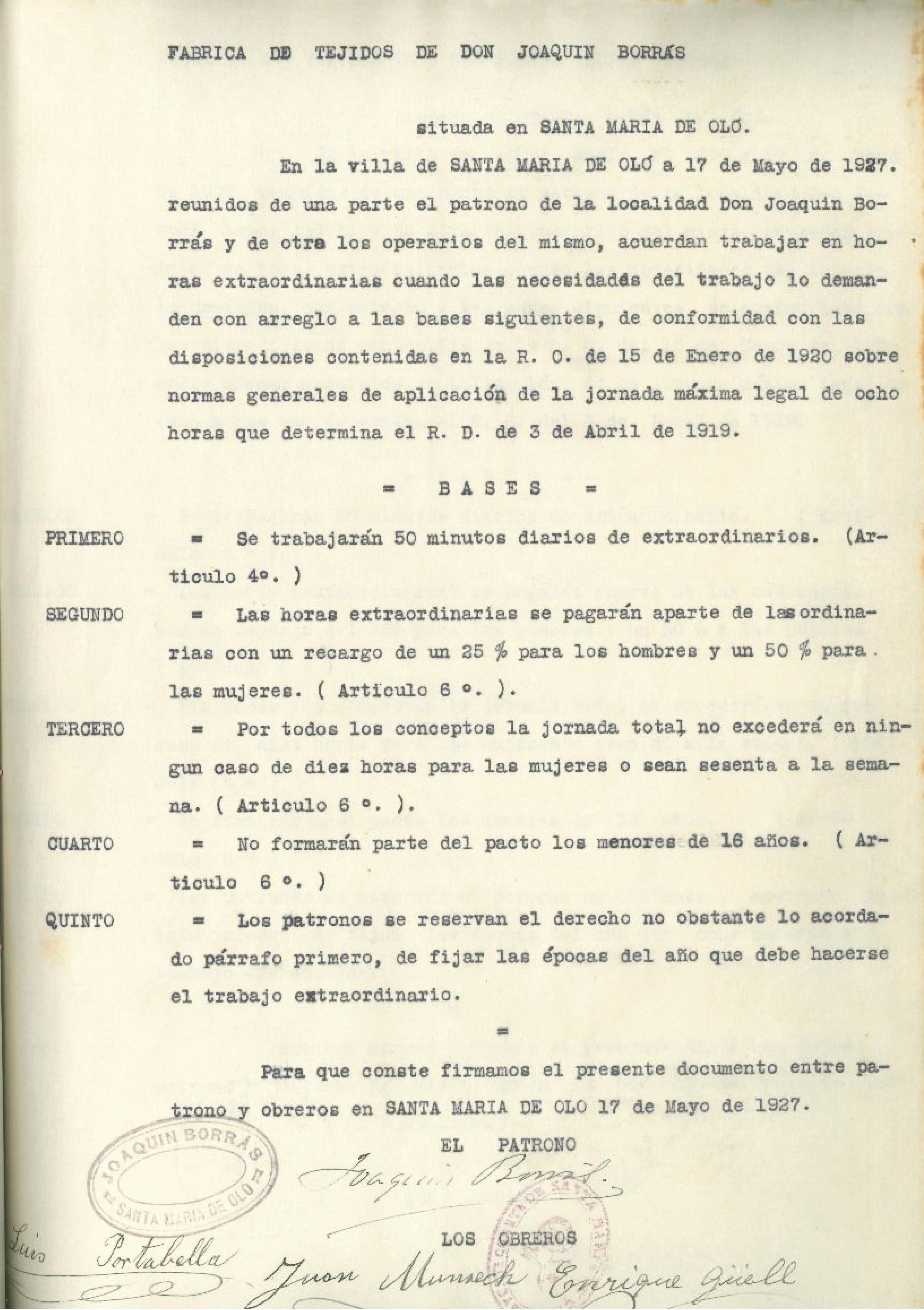imatge Acord referent al treball d'hores extraordinàries entre patró i treballadors, 1927, Santa Maria d'Oló. Arxiu Municipal de Santa Maria d'Oló.