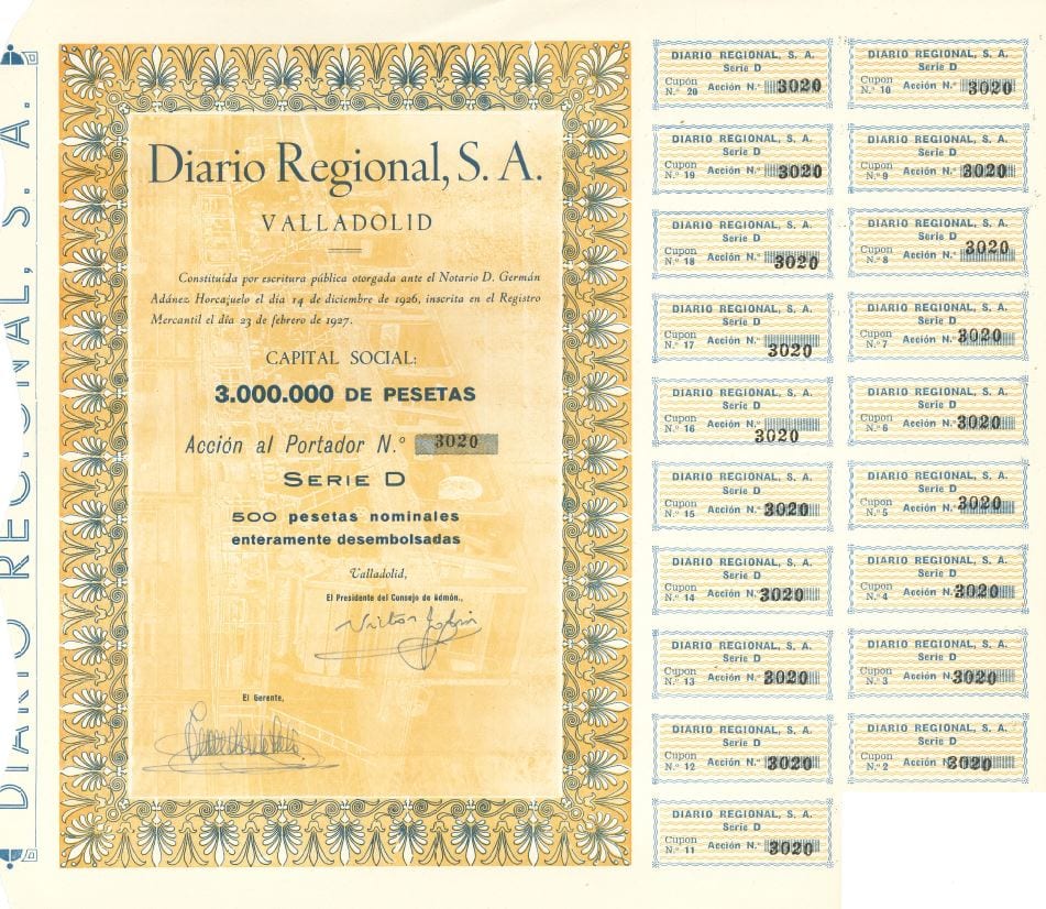imatge Accions de capital social al portador de la fàbrica HEMALOSA de Valladolid, dècada de 1930, Santa Maria d'Oló. Arxiu Municipal de Santa Maria d'Oló.