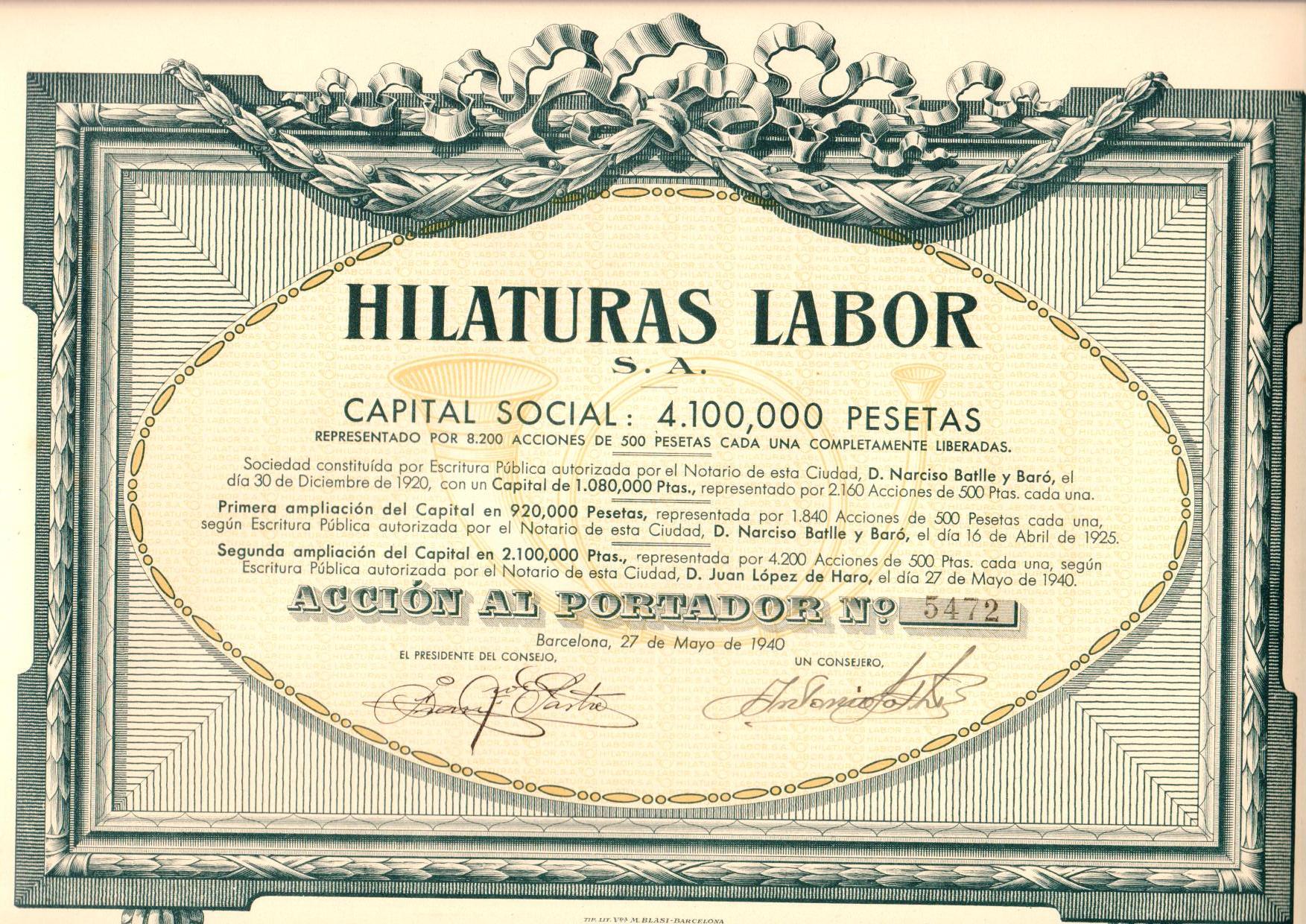 imatge Accions de Hilaturas Labor S.A., 1940, Súria. Fons de Cal Jover, Arxiu Municipal de Súria.