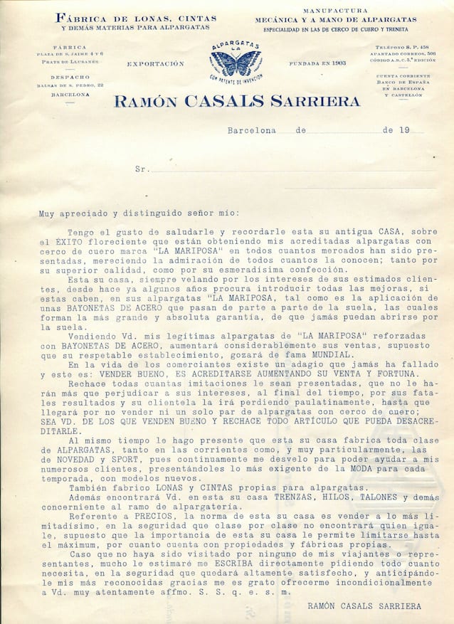 imatge Carta publicitària de la fàbrica d'espardenyes