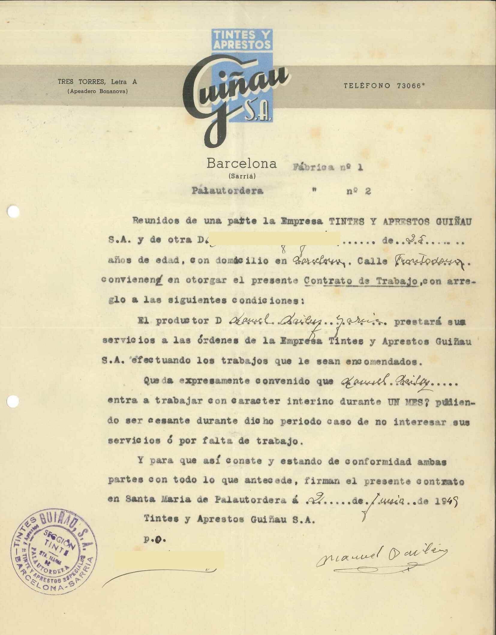 imatge Contracte laboral, 1949, Santa Maria de Palautordera. Arxiu Municipal de Santa Maria de Palautordera.