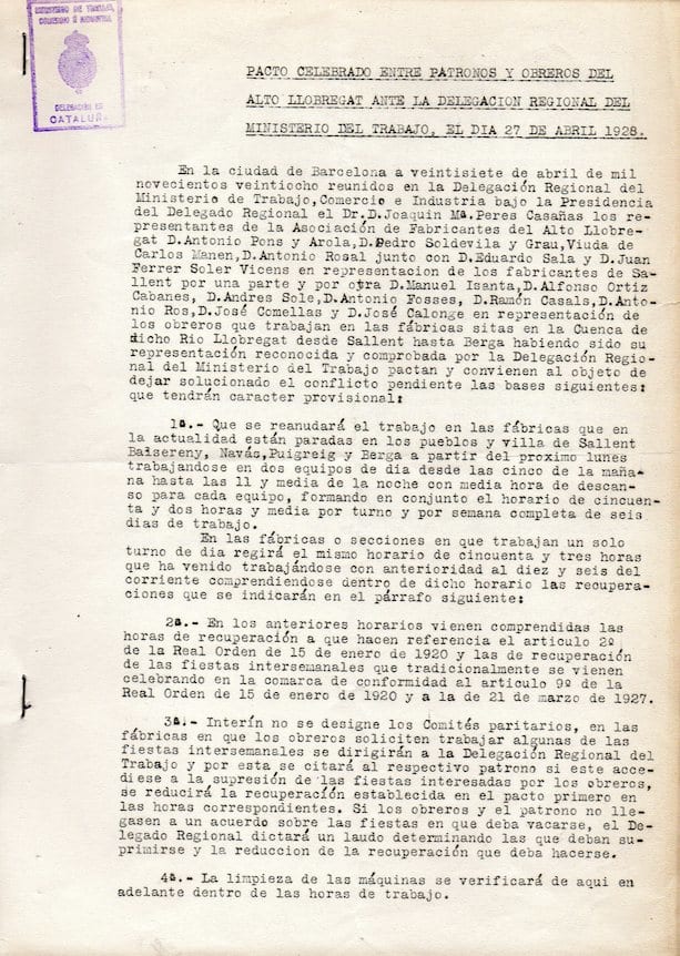 imatge Pacte entre patrons i obrers de l'Alt Llobregat per tornar a la feina, 1928, Gironella. Arxiu Municipal de Gironella.