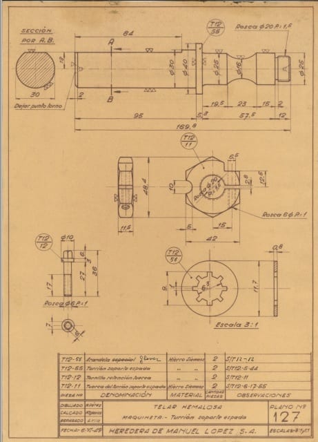 imatge Dibuix tècnic d'una peça de la palanca per moure els lliços del teler, 1949, Santa Maria d'Oló. Arxiu Municipal de Santa Maria d'Oló.