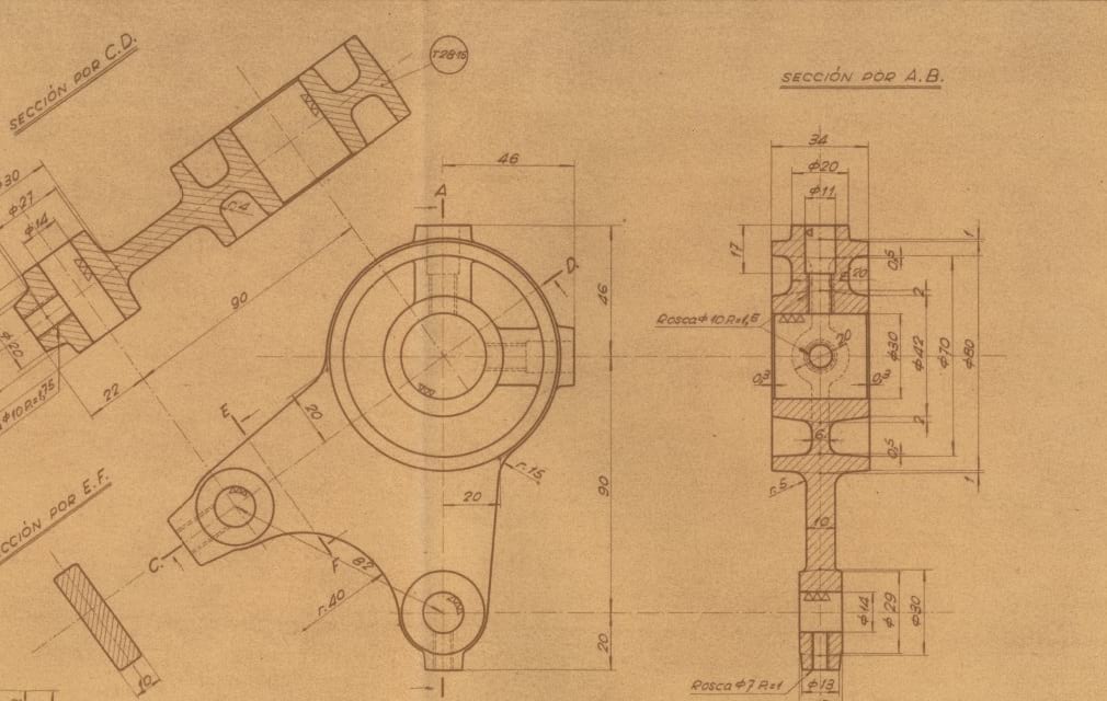 imatge Dibuix tècnic d'una peça de la palanca per moure els lliços del teler, 1949, Santa Maria d'Oló. Arxiu Municipal de Santa Maria d'Oló.