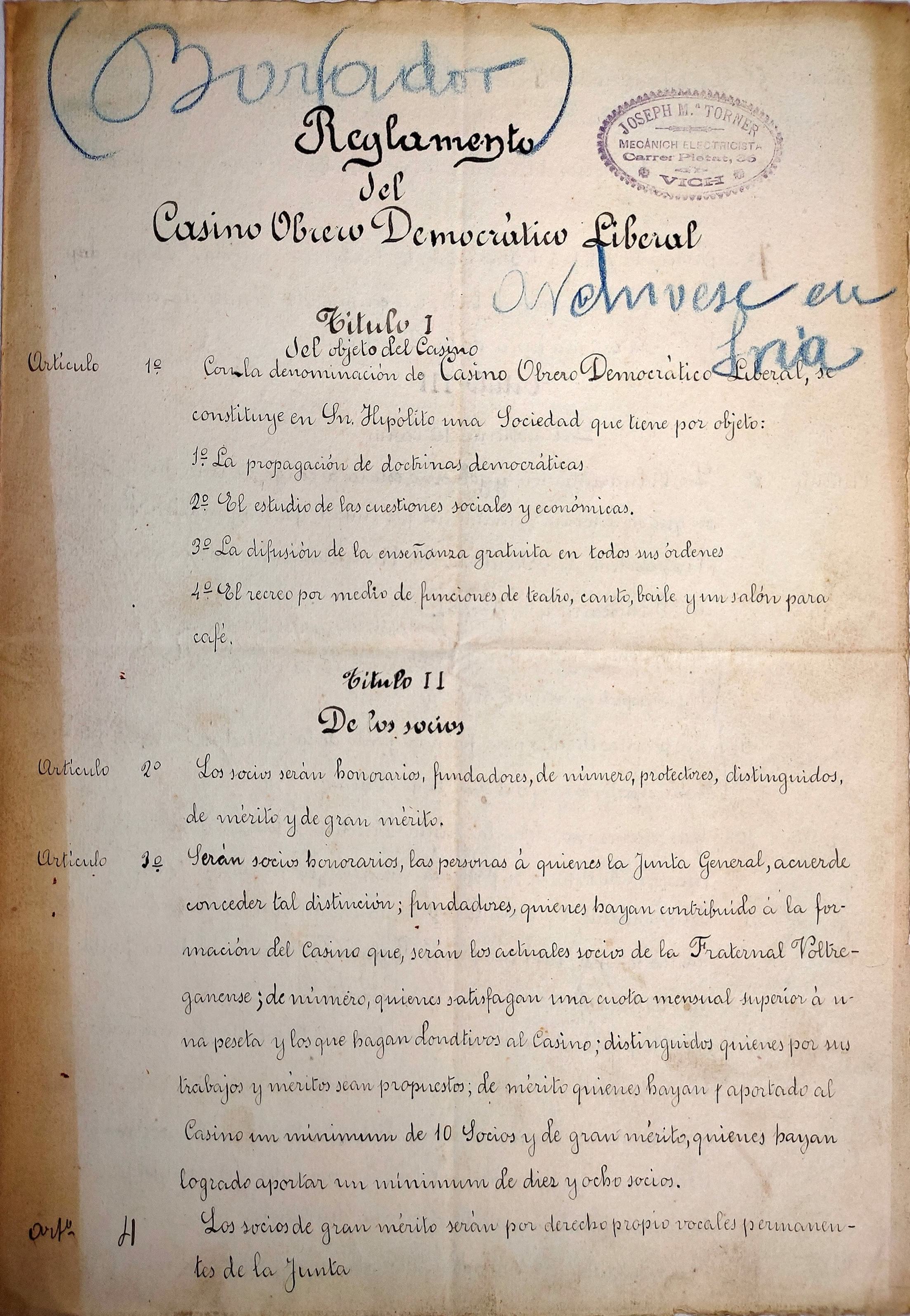 imatge Esborrany del reglament del Casino Obrero Democrático Liberal, 1913, Sant Hipòlit de Voltregà. Arxiu Municipal de Sant Hipòlit de Voltregà.