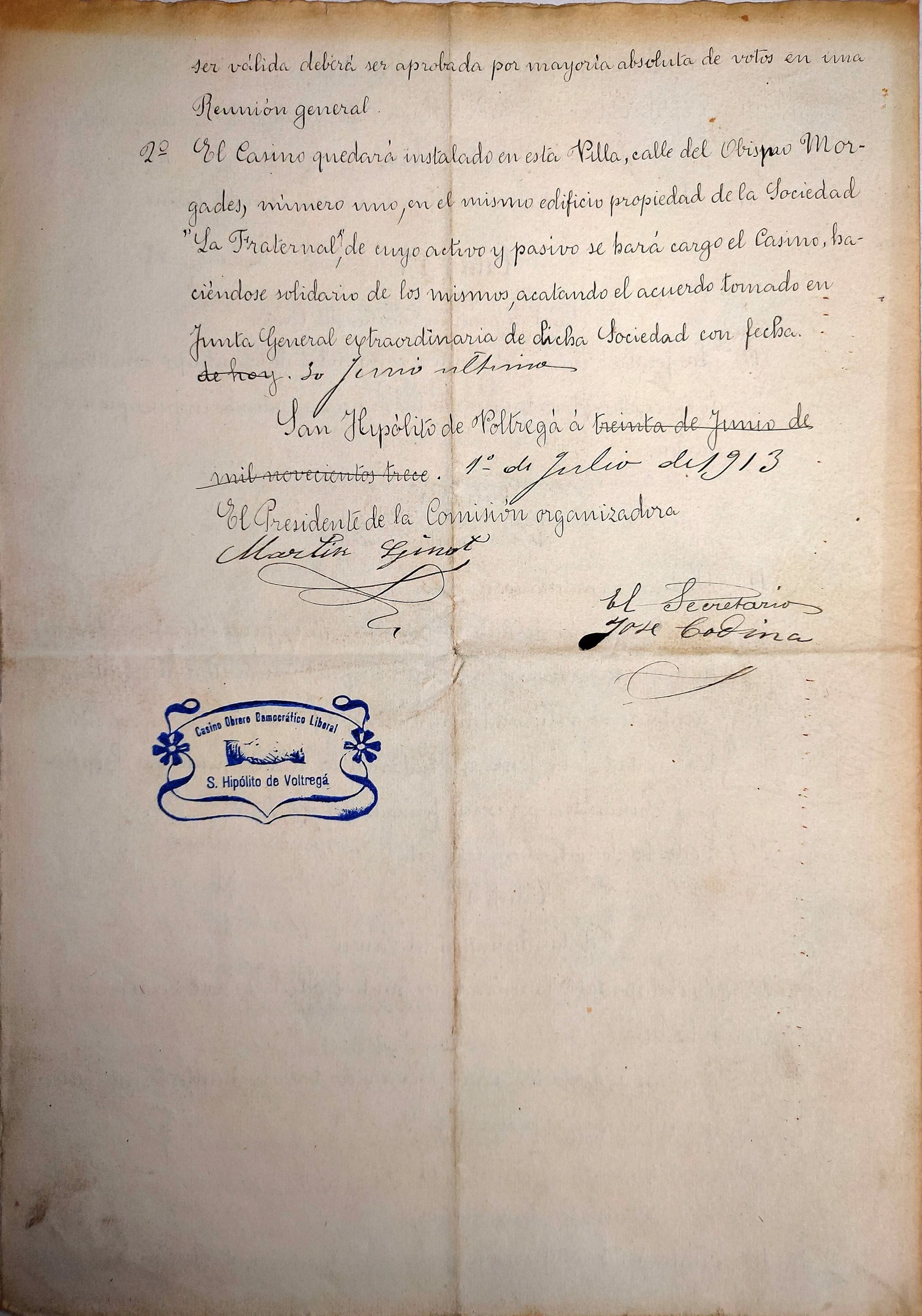 imatge Esborrany del reglament del Casino Obrero Democrático Liberal, 1913, Sant Hipòlit de Voltregà. Arxiu Municipal de Sant Hipòlit de Voltregà.