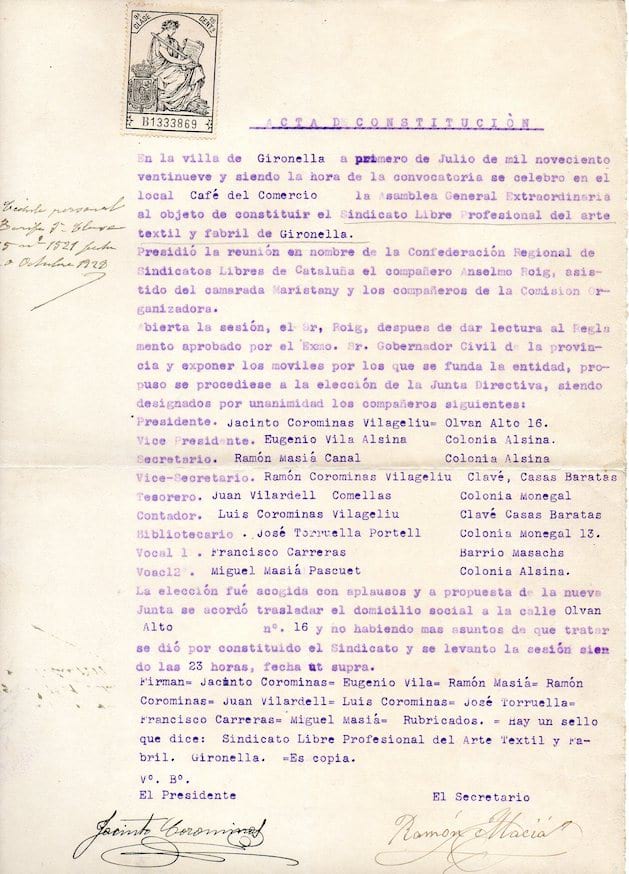 imatge Acta de constitució del Sindicat Lliure Professional de l'Art Tèxtil i Fabril, 1929, Gironella. Fons del Sindicat Lliure Professional de l'Art Tèxtil i Fabril, Arxiu Municipal de Gironella.