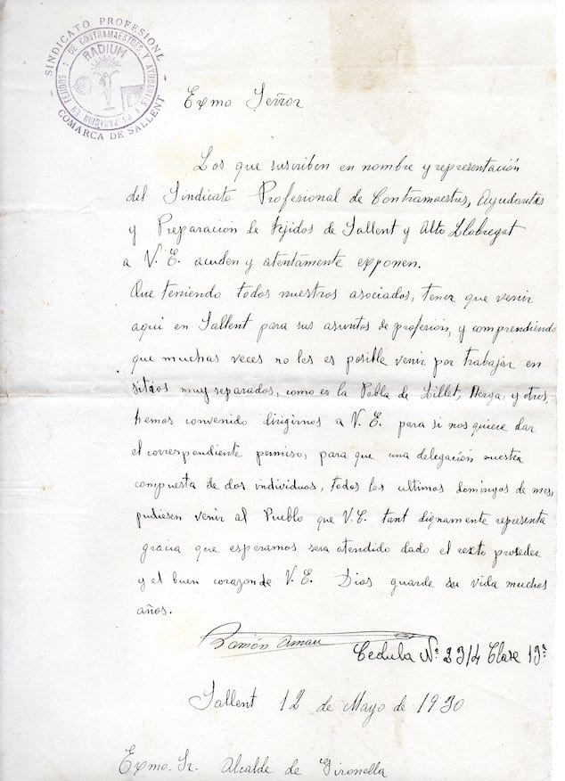 imatge Instància del sindicat de Contramestres per poder despatxar assumptes a Gironella, 1930, Gironella. Arxiu Municipal de Gironella.