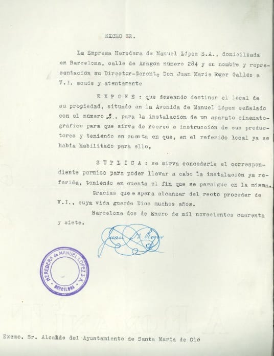 imatge Sol·licitud d'HEMALOSA per construir i obrir una sala de cinema, 1947, Santa Maria d'Oló. Arxiu Municipal de Santa Maria d'Oló.