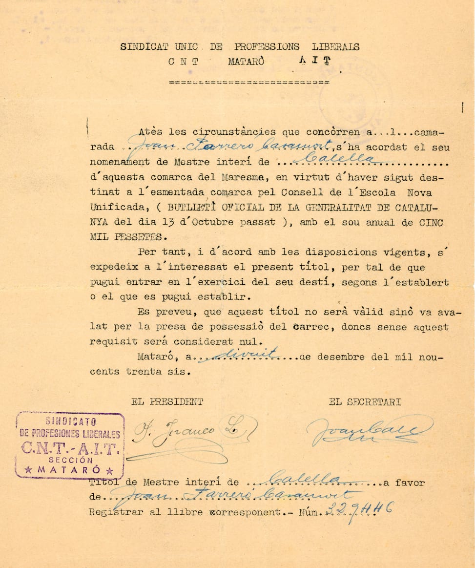 imatge Nomenament d'un mestre interí per a les escoles de Calella, el 1936.