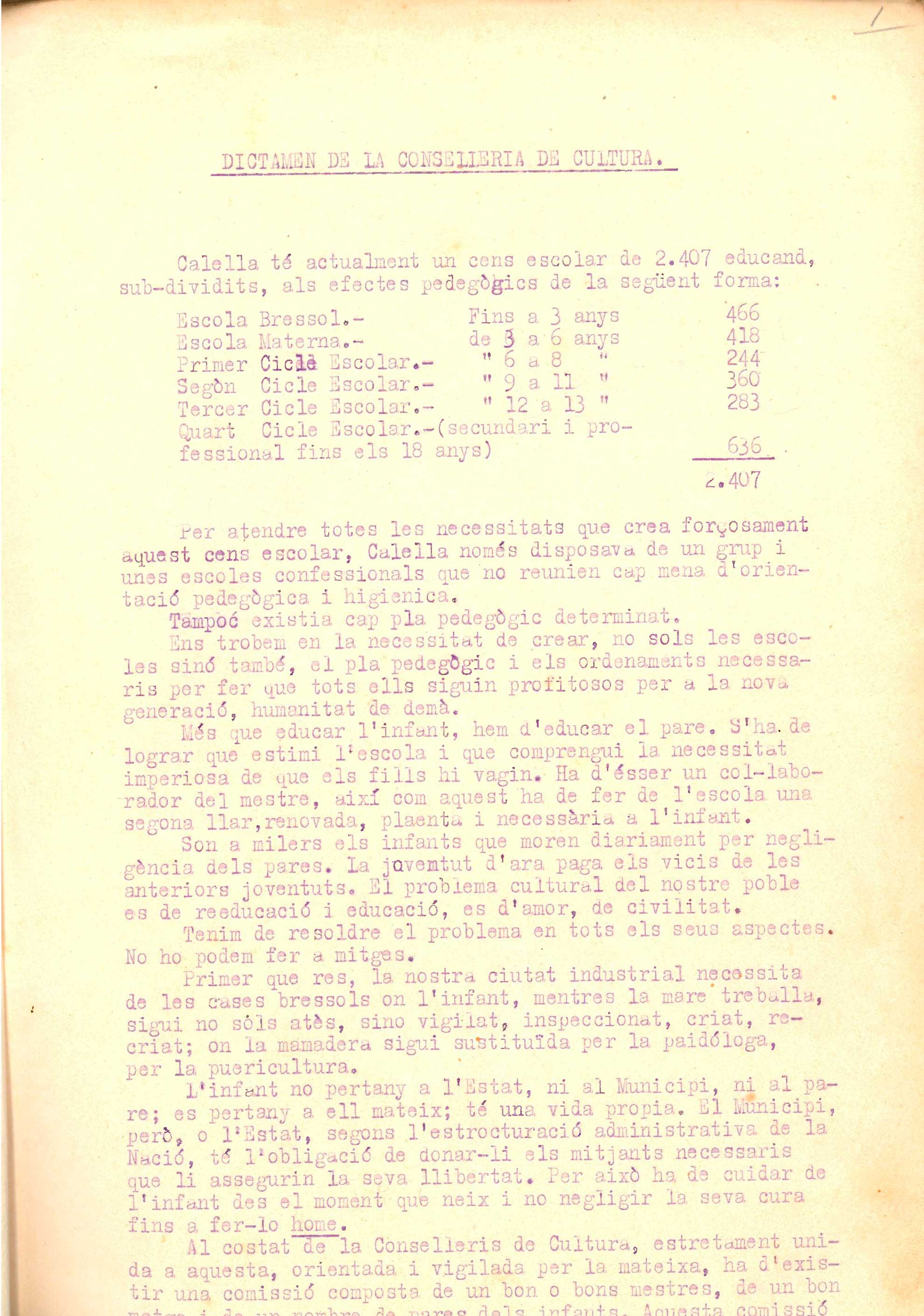imatge Dictamen sobre la situació escolar, 1937.