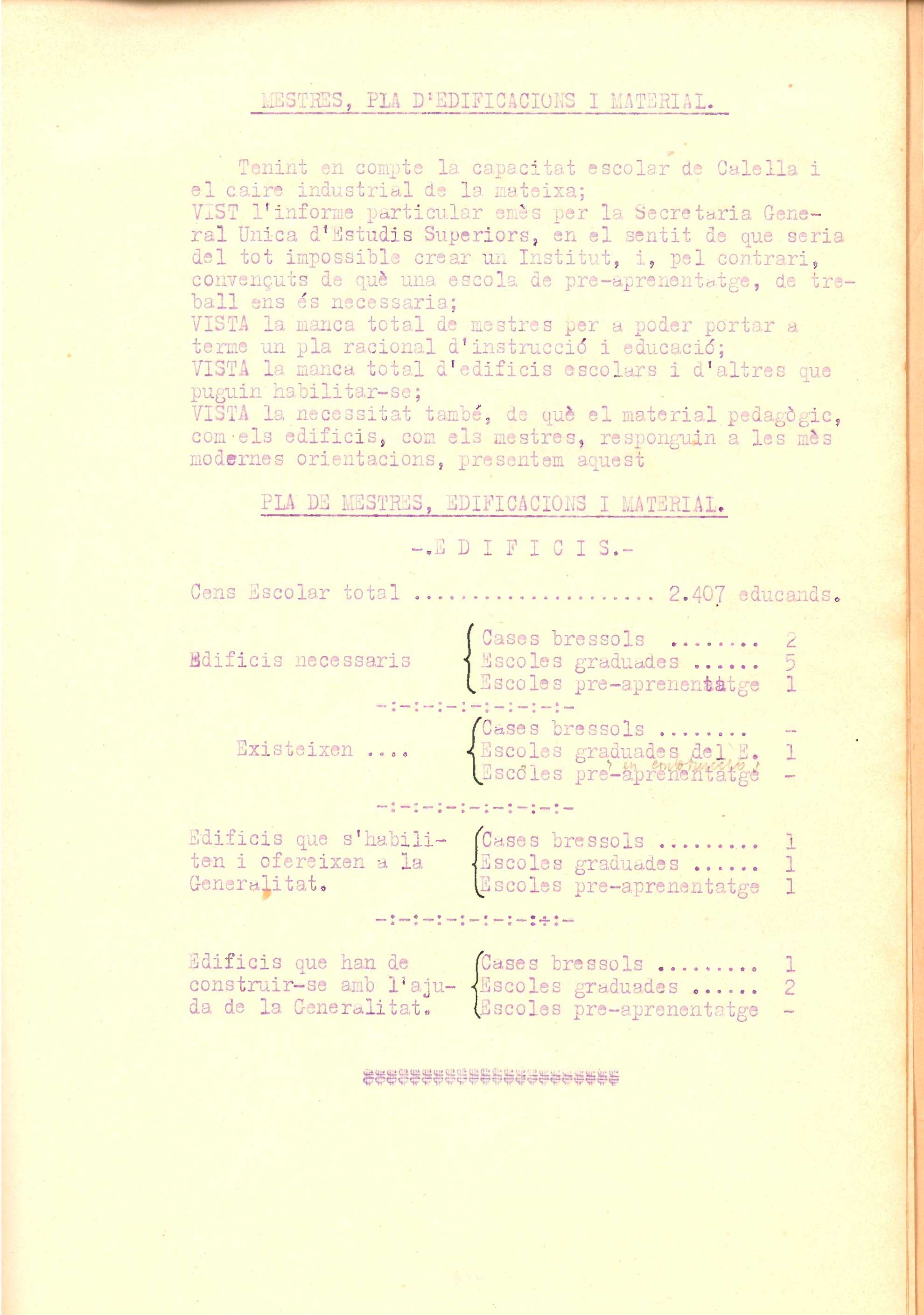 imatge Dictamen sobre la situació escolar, 1937.