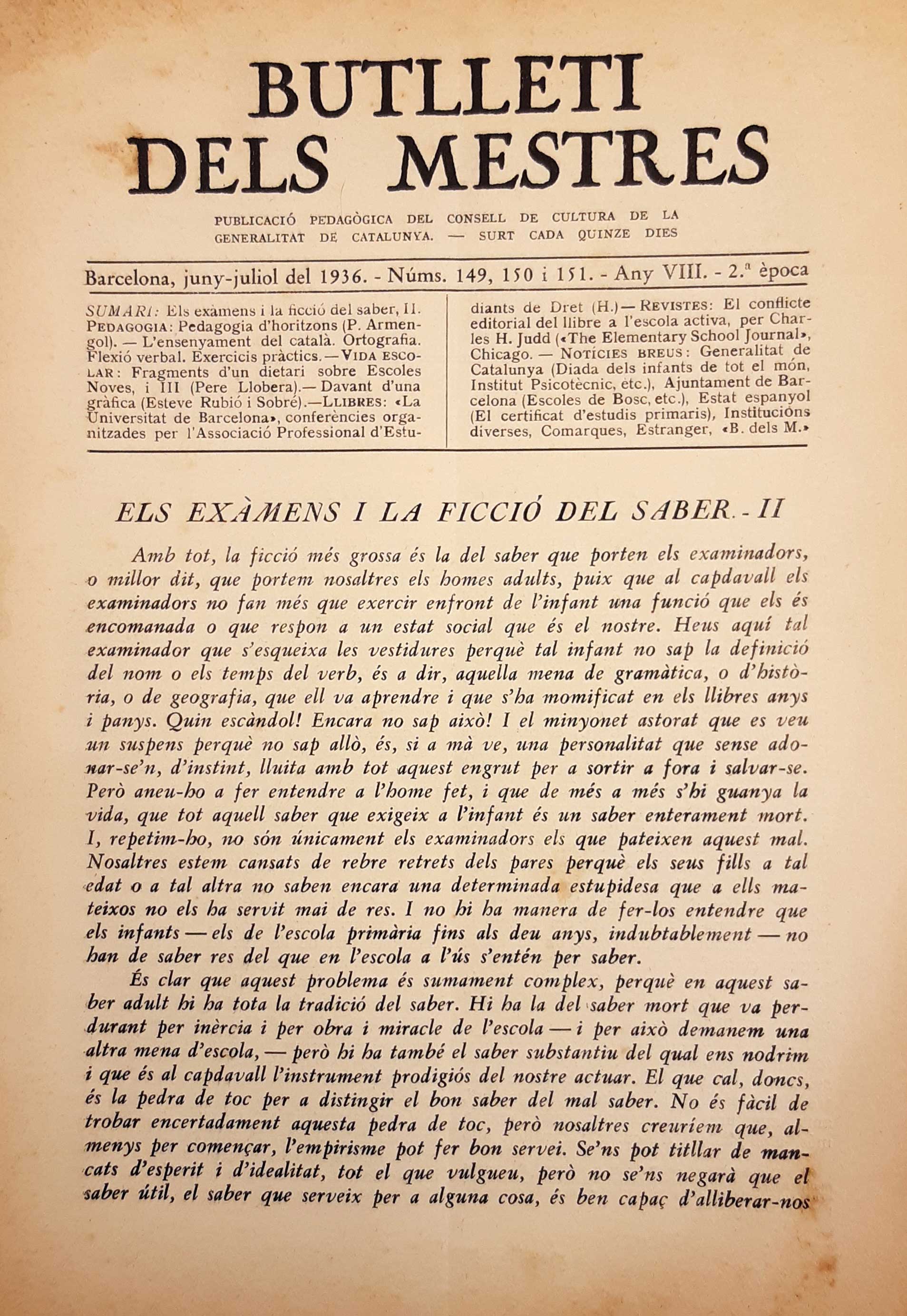 imatge Butlletí dels Mestres, juny-juliol de 1936.