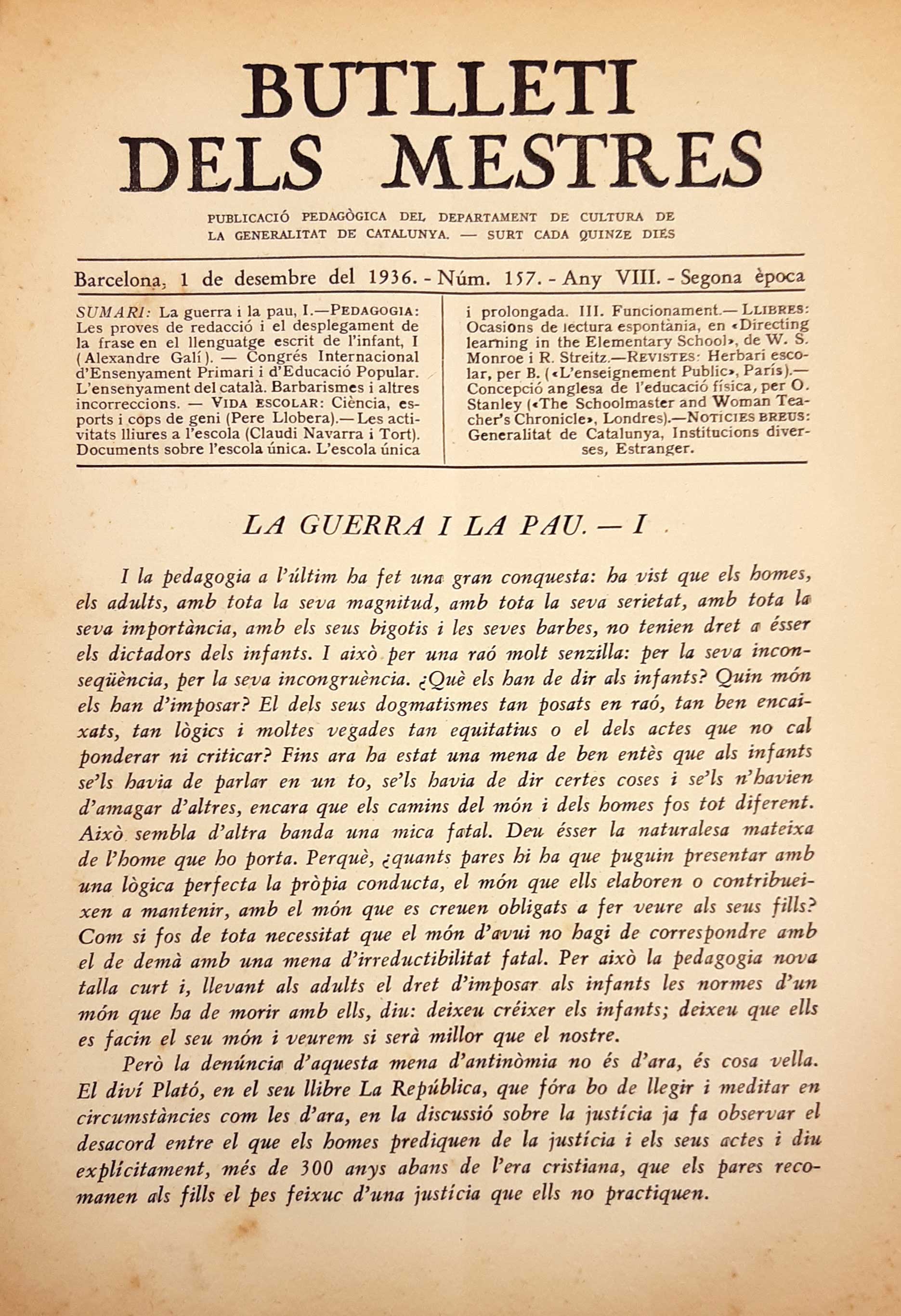 imatge Butlletí dels Mestres, 1 de desembre de 1936.
