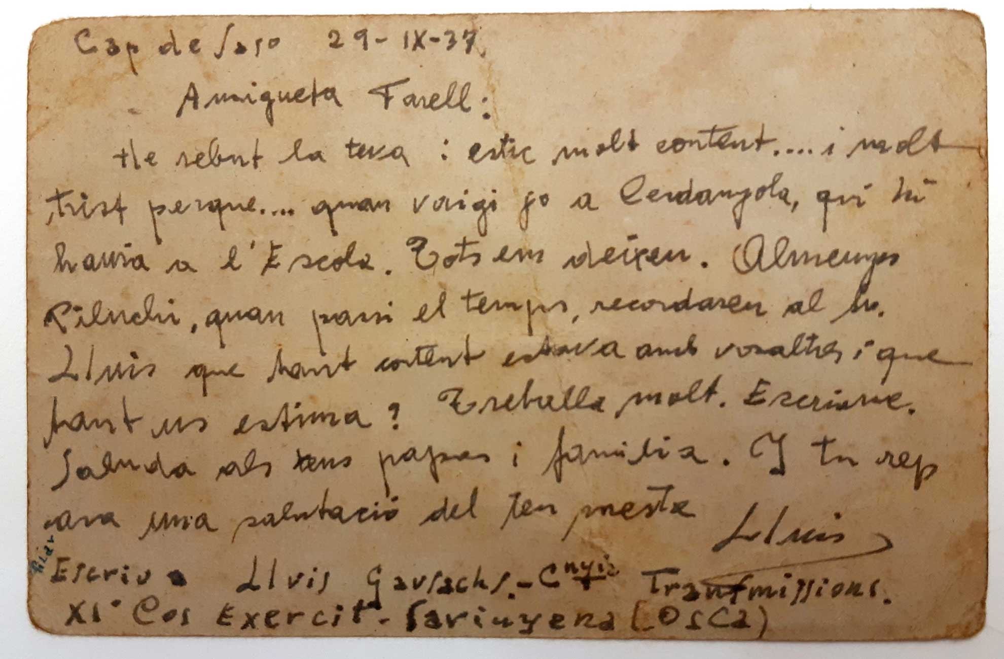 imatge Targeta de Campanya escrita per Lluís Gausachs a Pilar Farell, l'any 1937.