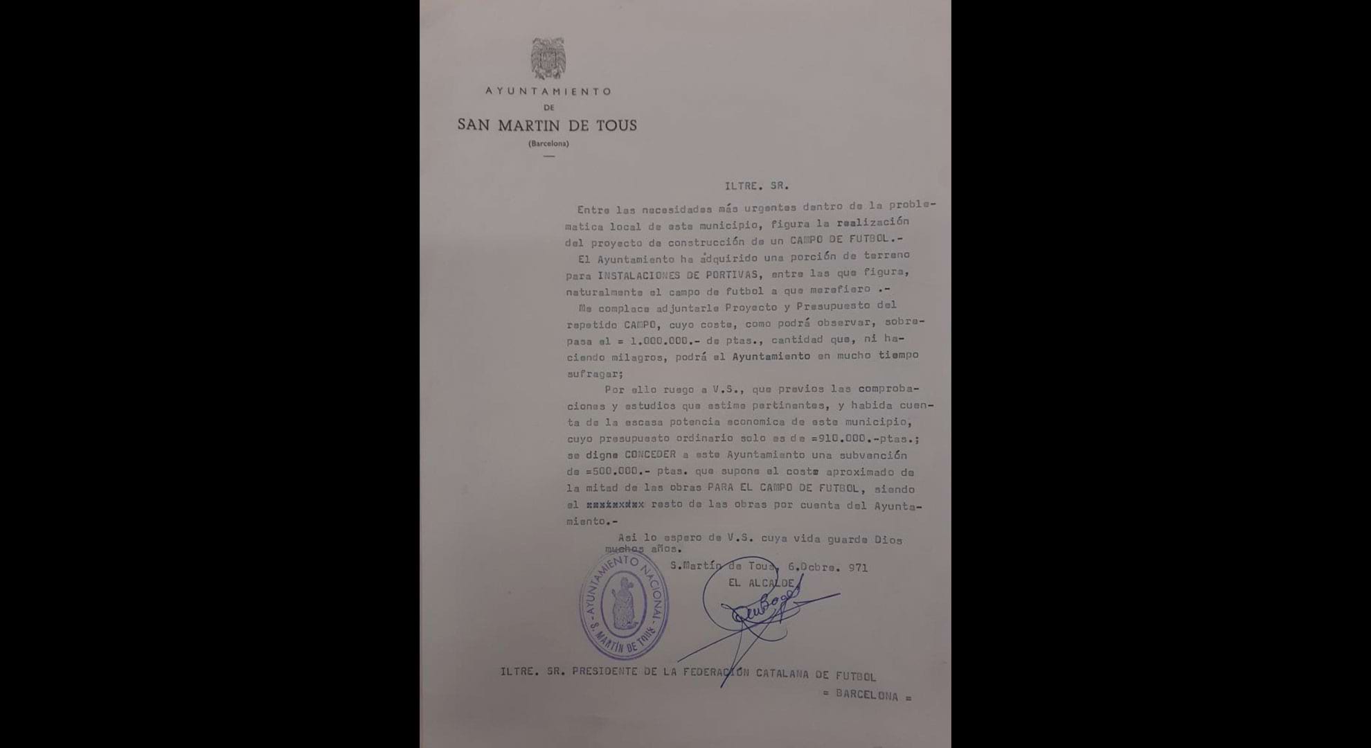 imatge Expedient de subvenció per la construcció del camp de futbol, 1971-1974, Sant Martí de Tous. Arxiu Municipal de Sant Martí de Tous.