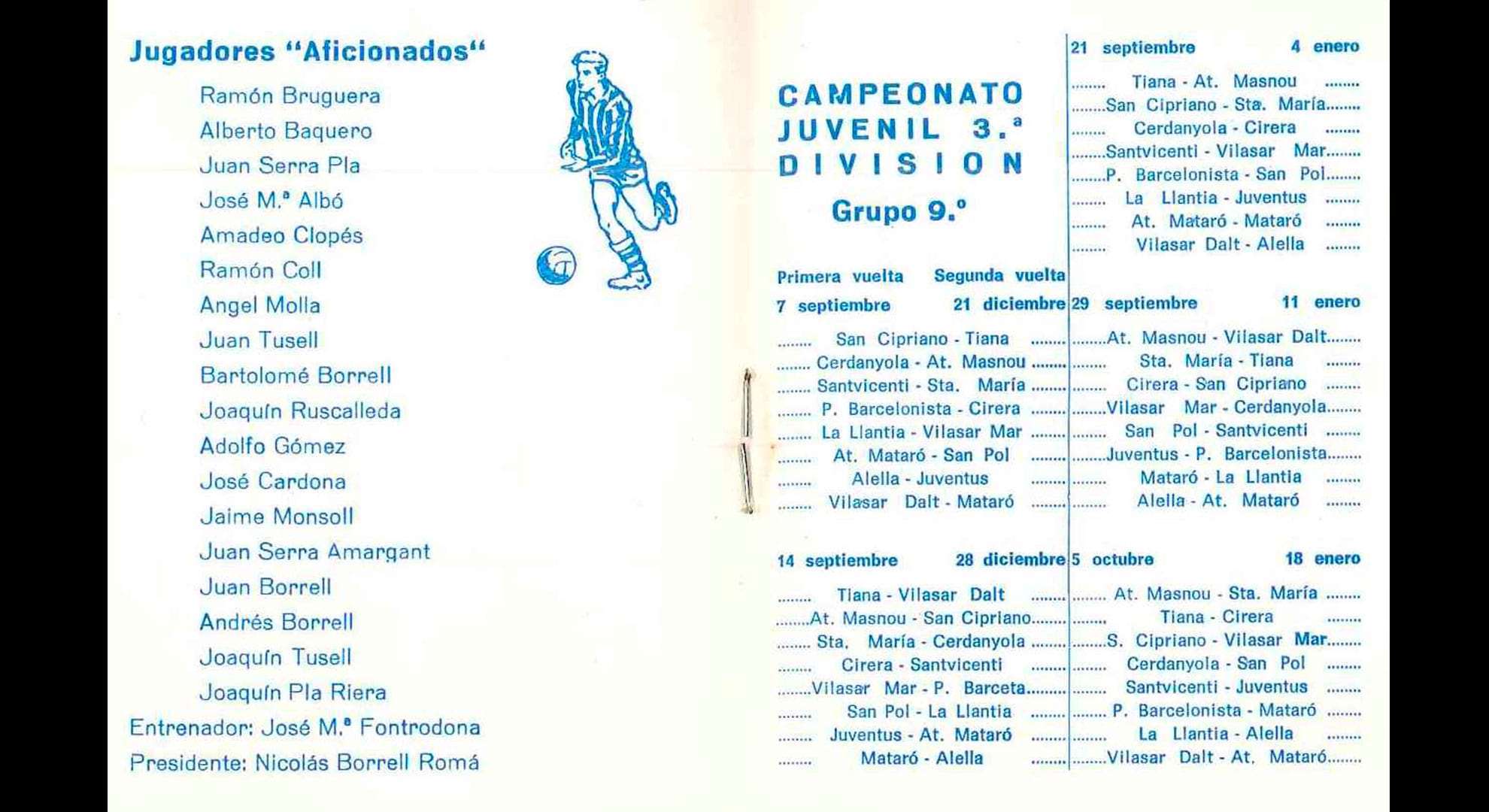 imatge Pàgina del calendari de temporda 1975-1976 C.F. Sant Cebrià de Vallalta, 1975, Sant Cebrià de Vallalta. Fons Club de Futbol Sant Cebrià de Vallalta, Arxiu Municipal de Sant Cebrià de Vallalta.