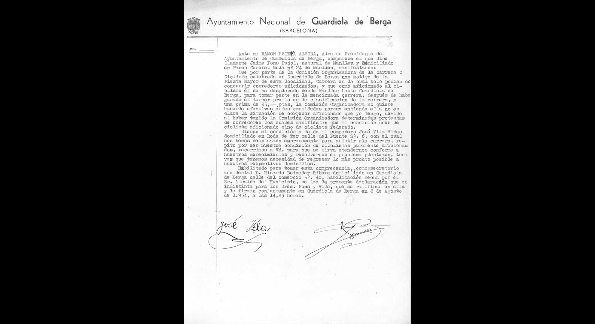 imatge Reclamació del pagament d'un premi en cursa ciclista en no considerar-se aficionat, 1954, Guardiola de Berguedà. Arxiu Municipal de Guardiola de Berguedà.