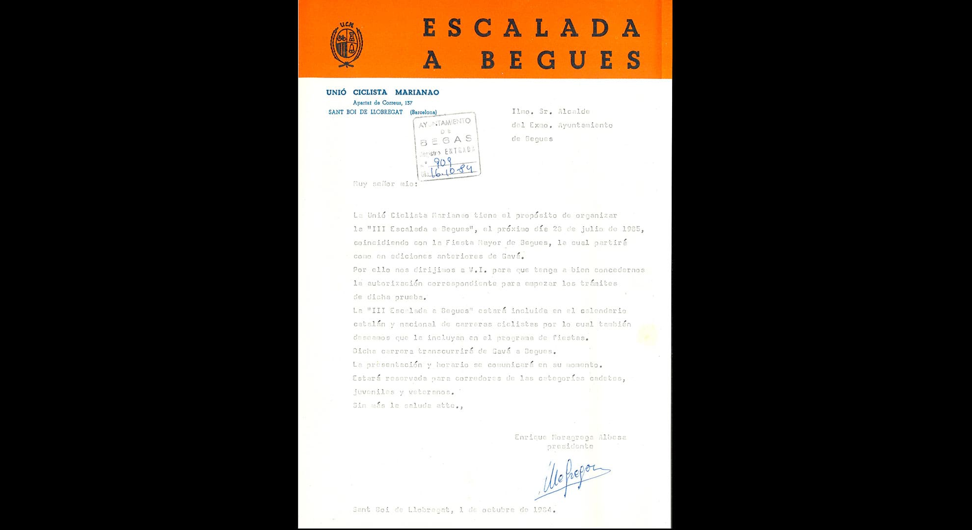 imatge Carta de la Unió Ciclista Marianao de Sant Boi de Llobregat relativa a l'organització de la