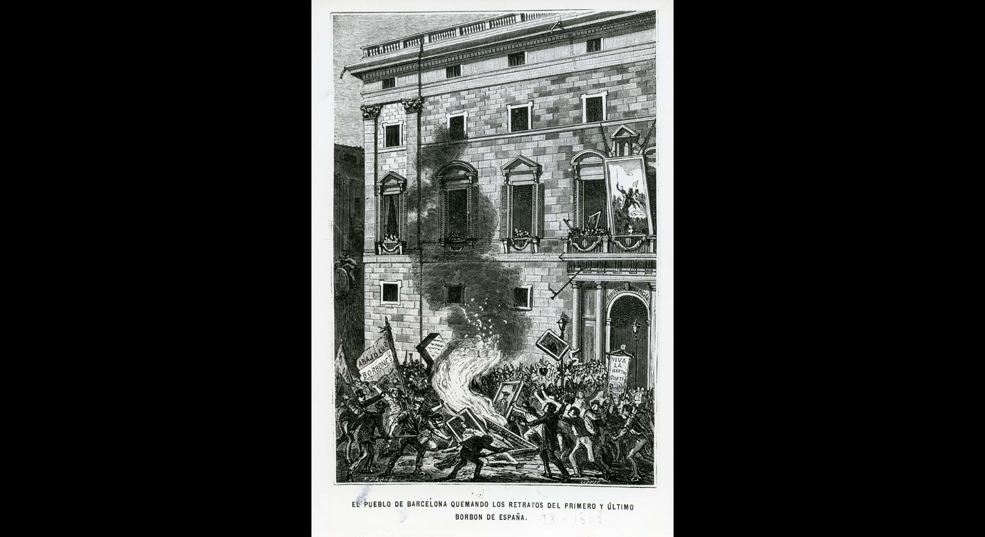 imatge L’esclat revolucionari de la Gloriosa a Barcelona, setembre de 1868. Ciutadans barcelonins cremen retrats dels reis borbònics. Arxiu General de la Diputació de Barcelona