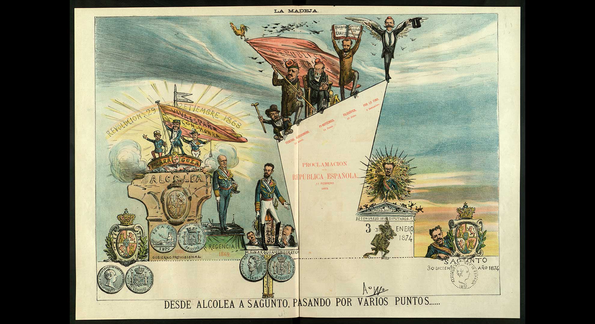 imatge Els líders de la Revolució de Setembre de 1868. D’esquerra a dreta, Joan Prim i Prats, Juan Bautista Topete i Francisco Serrano y Domínguez. Dibuix de Tomàs Padró. La Madeja, 14 de març de 1875. Biblioteca de Catalunya