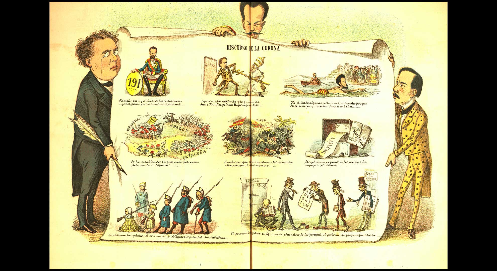 imatge La societat espanyola era analfabeta. De cada deu ciutadans, només tres sabien escriure i llegir, segons el cens del 1860. L’analfabetisme afectava més les dones. La Carcajada, 3 d’octubre de 1872. Biblioteca de Catalunya