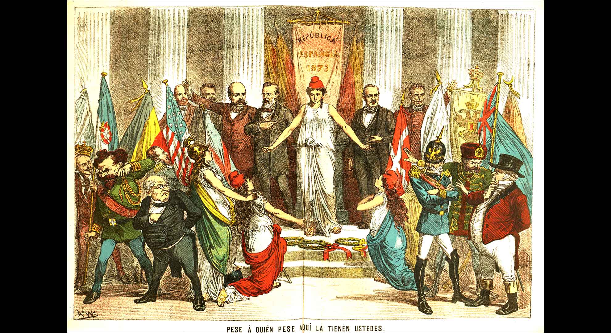 imatge La República només compta, des d’un bon principi, amb el suport dels EUA i de la Confederació Helvètica. La resta d’estats europeus li giren l’esquena. Gravat publicat a La Flaca el 28 de març de 1873. Biblioteca de Catalunya