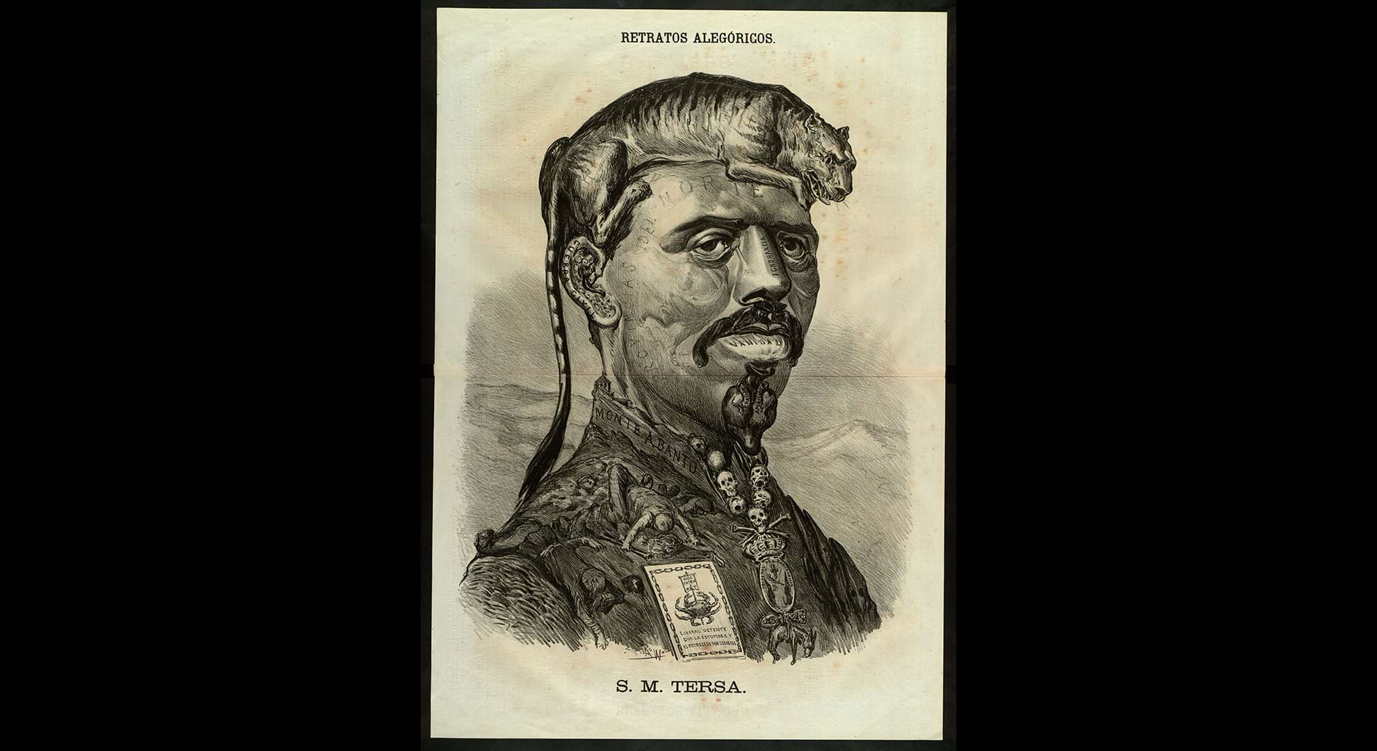 imatge Retrat del pretendent carlí al tron d’Espanya, Carles Maria dels Dolors de Borbó i d’Àustria-Este (1848-1909) —Carles VII per als carlins. Dibuix de S.M. Tersa publicat a El Lío, núm. 7 (21) 18 d’abril de 1874, pàg. 2-3. Biblioteca de Catalunya