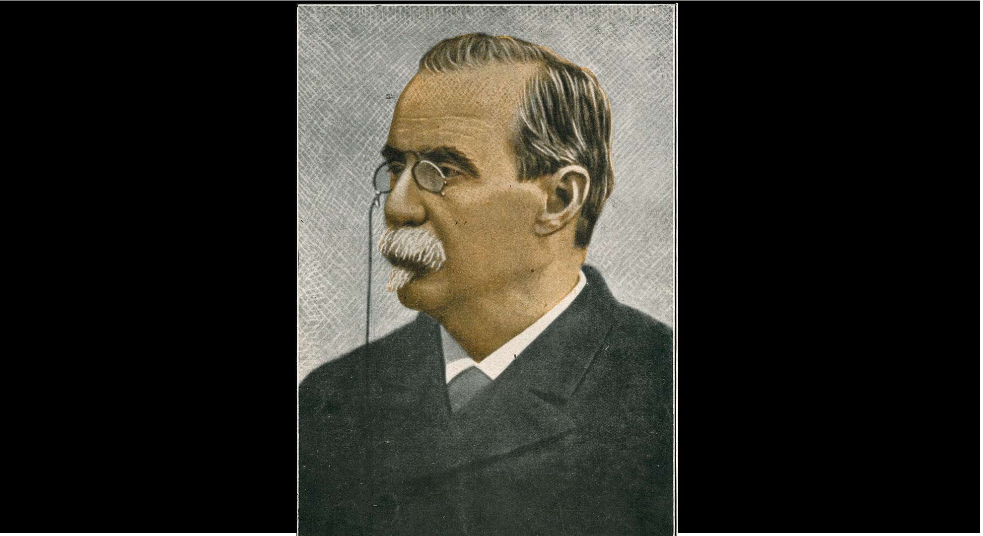 imatge Antonio Cánovas del Castillo, líder dels conservadors. Dibuix acolorit sobre fotografia, extret de l’opuscle publicat a Barcelona a principis de segle XX, dins la sèrie «Hombres Célebres», amb una breu biografia de Cánovas escrita per Augusto Riera. Fons Família Vinyes-Roig.