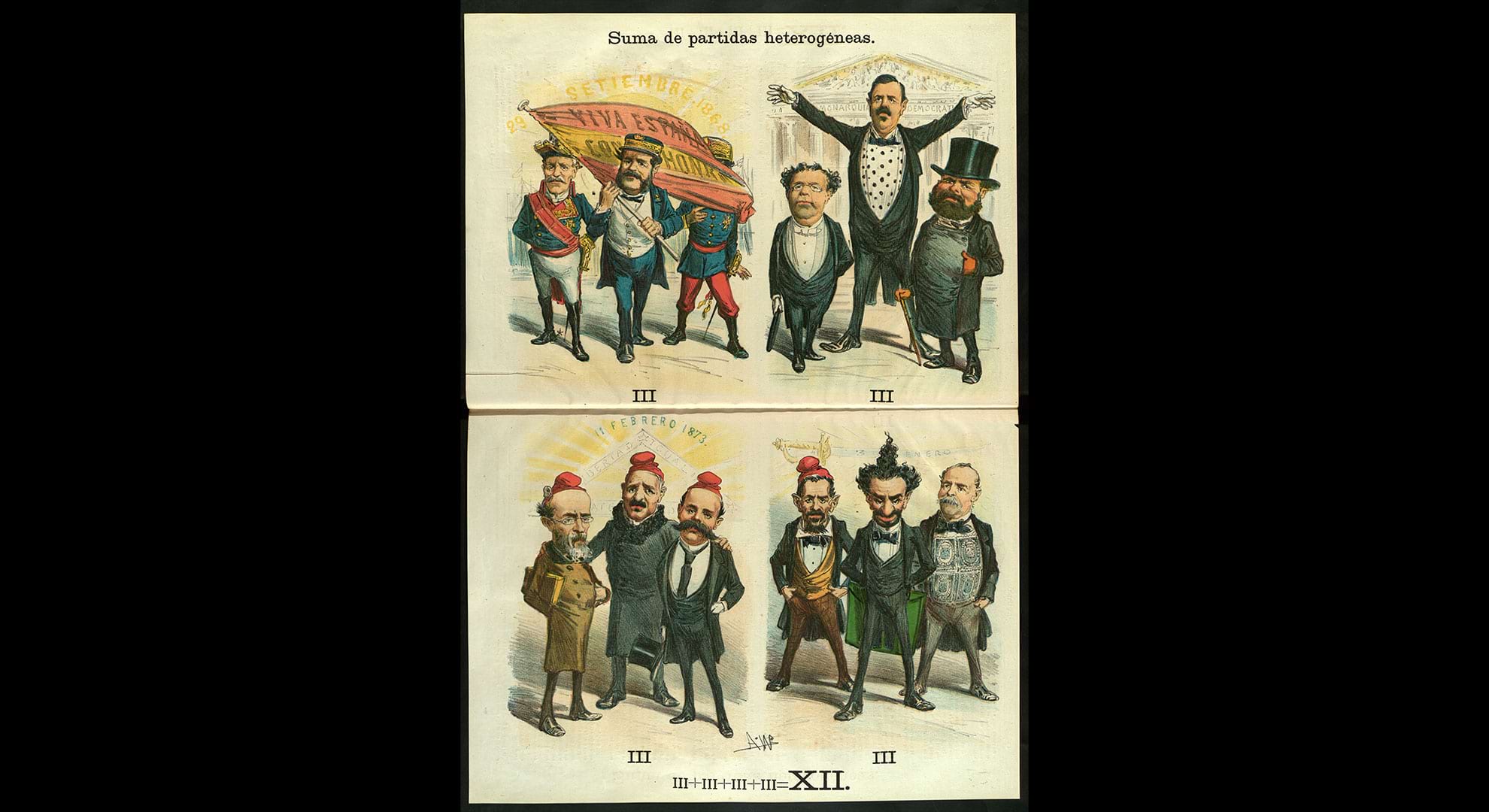 imatge Els principals dirigents polítics en els diferents períodes del Sexenni Democràtic. La primera vinyeta correspon a la Gloriosa i al Govern Provisional (1868-70); la segona, a la monarquia d’Amadeu I (1870-73); la tercera, a la República democràtica (1873), i la quarta, al període republicà autoritari (1874). La suma dels quatre III dona XII, és a dir Alfons XII, monarca que acabaria governant el regne d’Espanya el 1875. Dibuix publicat a La Madeja (30 de gener de 1875) pàg. 2-3. Biblioteca de Catalunya