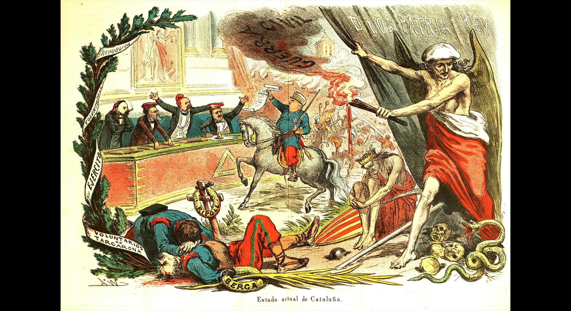 imatge Al·legoria a la guerra civil que es vivia a Catalunya durant la República. Dibuix de Tomàs Padró. Il·lustració publicada a La Flaca el 24 d’abril de 1873. Biblioteca de Catalunya