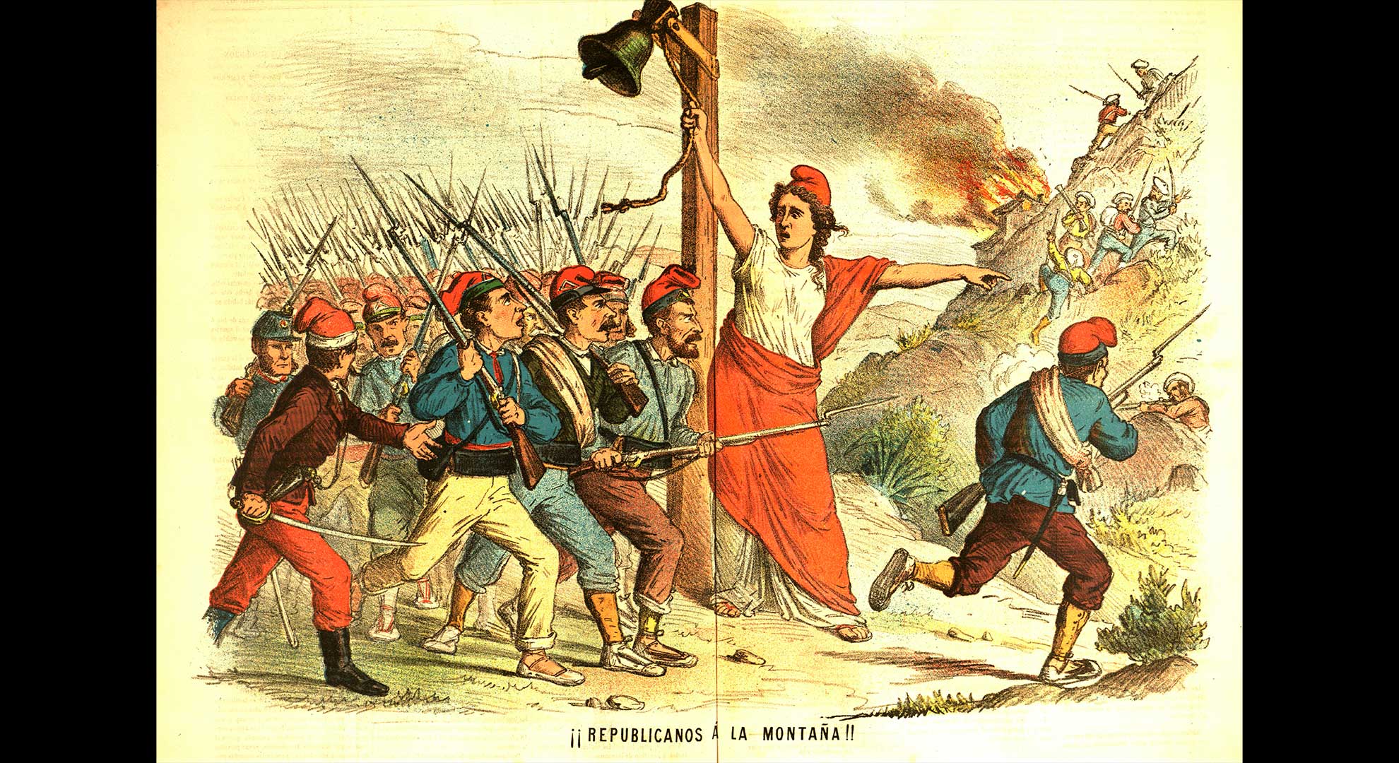 imatge Voluntaris republicans cridats per una jove República a lluitar contra l’exèrcit carlí. Il·lustració publicada a La Flaca el 31 de maig de 1873. Biblioteca de Catalunya