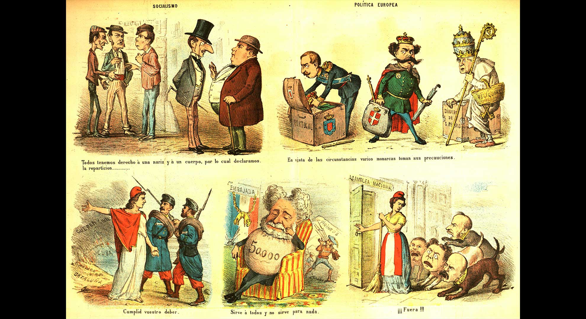 imatge La República reclama el compliment del deure davant la guerra civil i la Guerra de Cuba. Il·lustració publicada a La Flaca el 3 d’abril de 1873. Biblioteca de Catalunya
