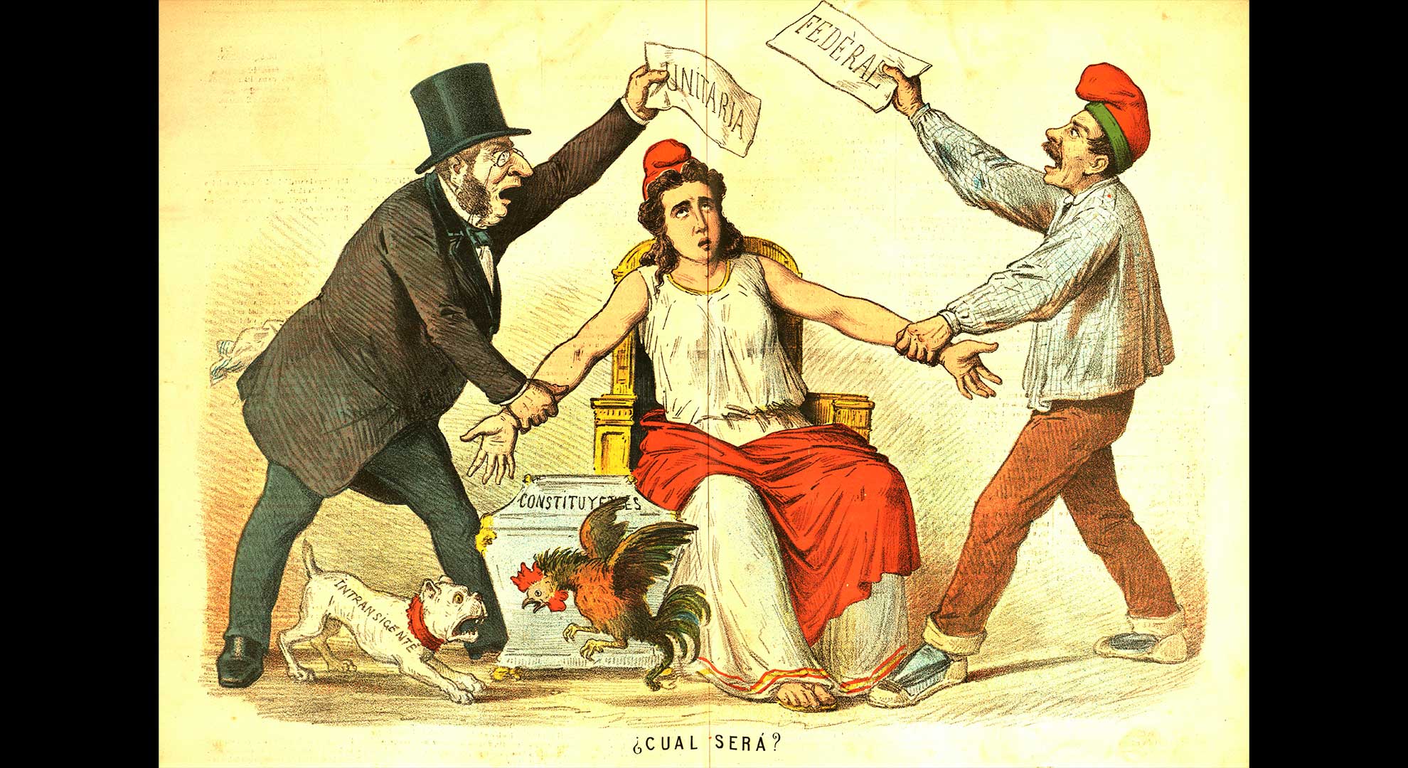 imatge República unitària o República federal. Els republicans catalans van ser favorables al federalisme com a instrument per articular la jove República. Il·lustració de Tomàs Padró publicada a La Flaca l’1 de maig de 1873. Biblioteca de Catalunya
