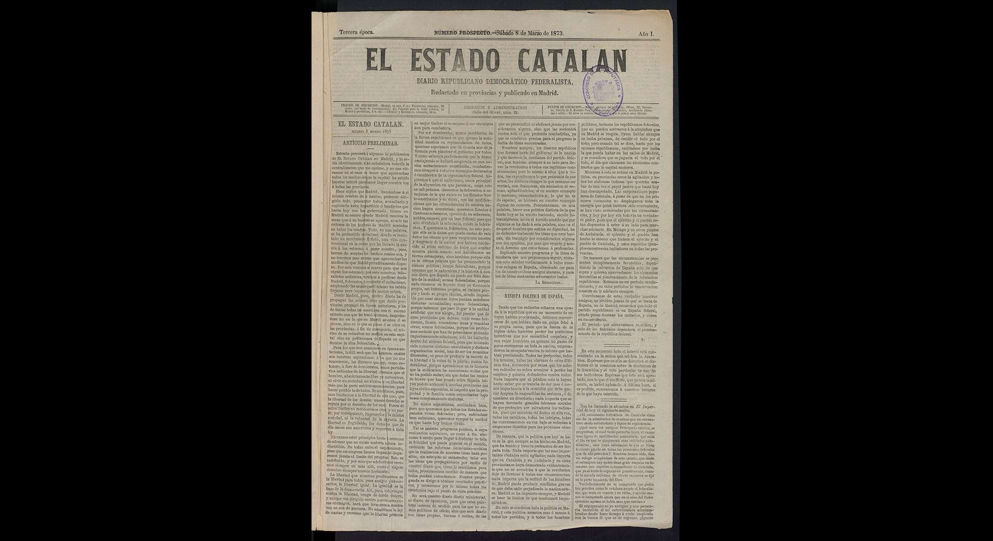 imatge Capçalera d’El Estado Catalán, periòdic fundat per Valentí Almirall. Dissabte, 8 de març de 1873. Hemeroteca Digital de Madrid