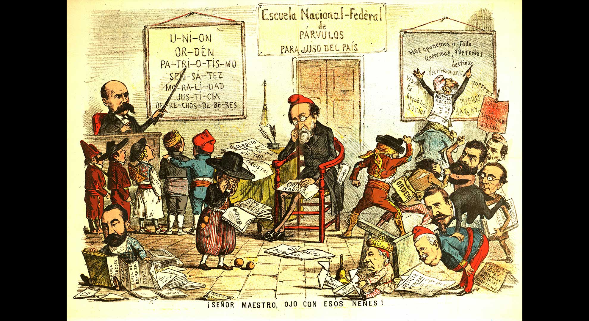 imatge Francesc Pi i Margall, impossibilitat de fer front als múltiples problemes que patia la República, dimití del càrrec de president el 18 de juliol de 1873. Personatges: 1. Emilio Castelar. 2. Francesc Pi i Margall. 3. Juan Contreras. Il·lustració publicada a La Flaca el 9 de juliol de 1873. Biblioteca de Catalunya