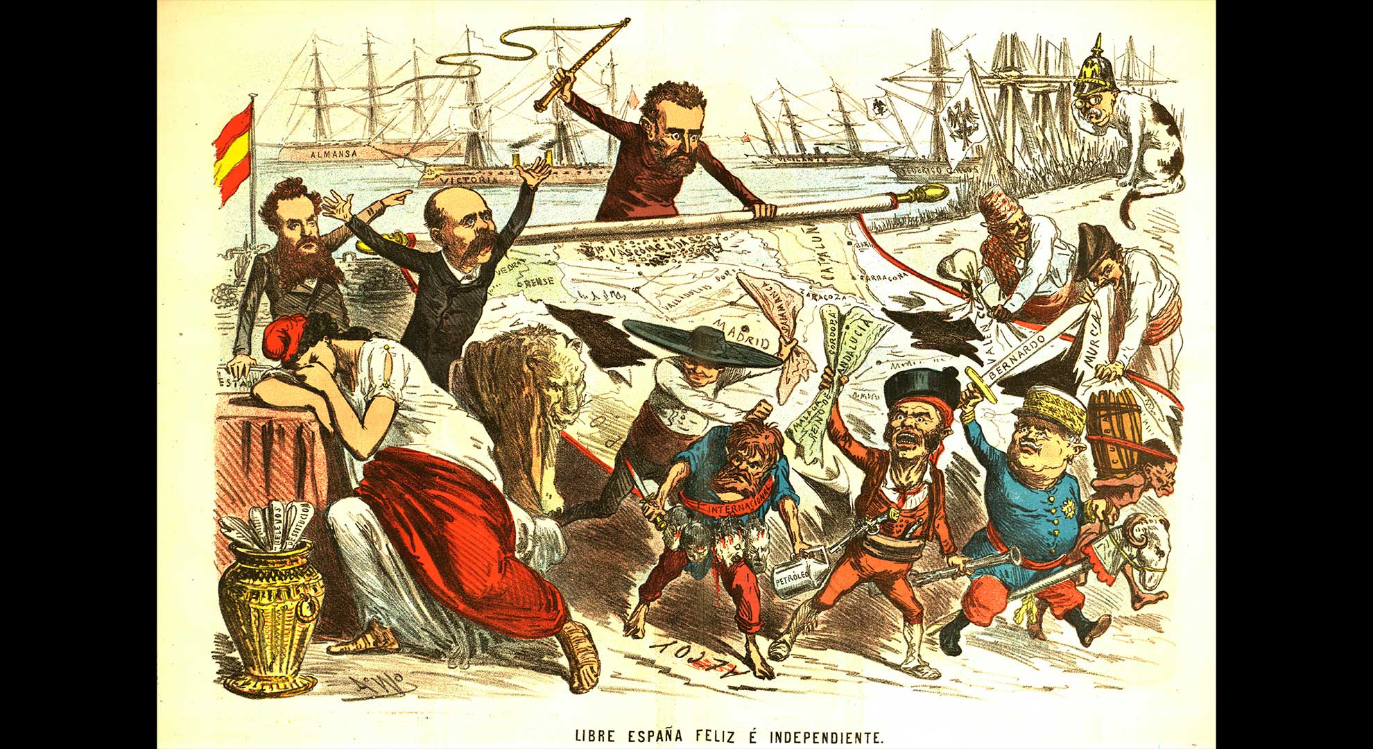 imatge La proclama cantonal de Cartagena va tenir un efecte dòmino en diverses ciutats espanyoles. Personatges: 1. Santiago Soler i Pla, ministre d’Ultramar. 2. Emilio Castelar. 3. Nicolás Salmerón. 4. Juan Contreras. A baix, els intransigents. Al mig, els «petroliers» (incendiaris); a l’esquerra, la República plora; a la dreta, els independentistes cubans. Il·lustració publicada a La Flaca el 6 d’agost de 1873. Biblioteca de Catalunya