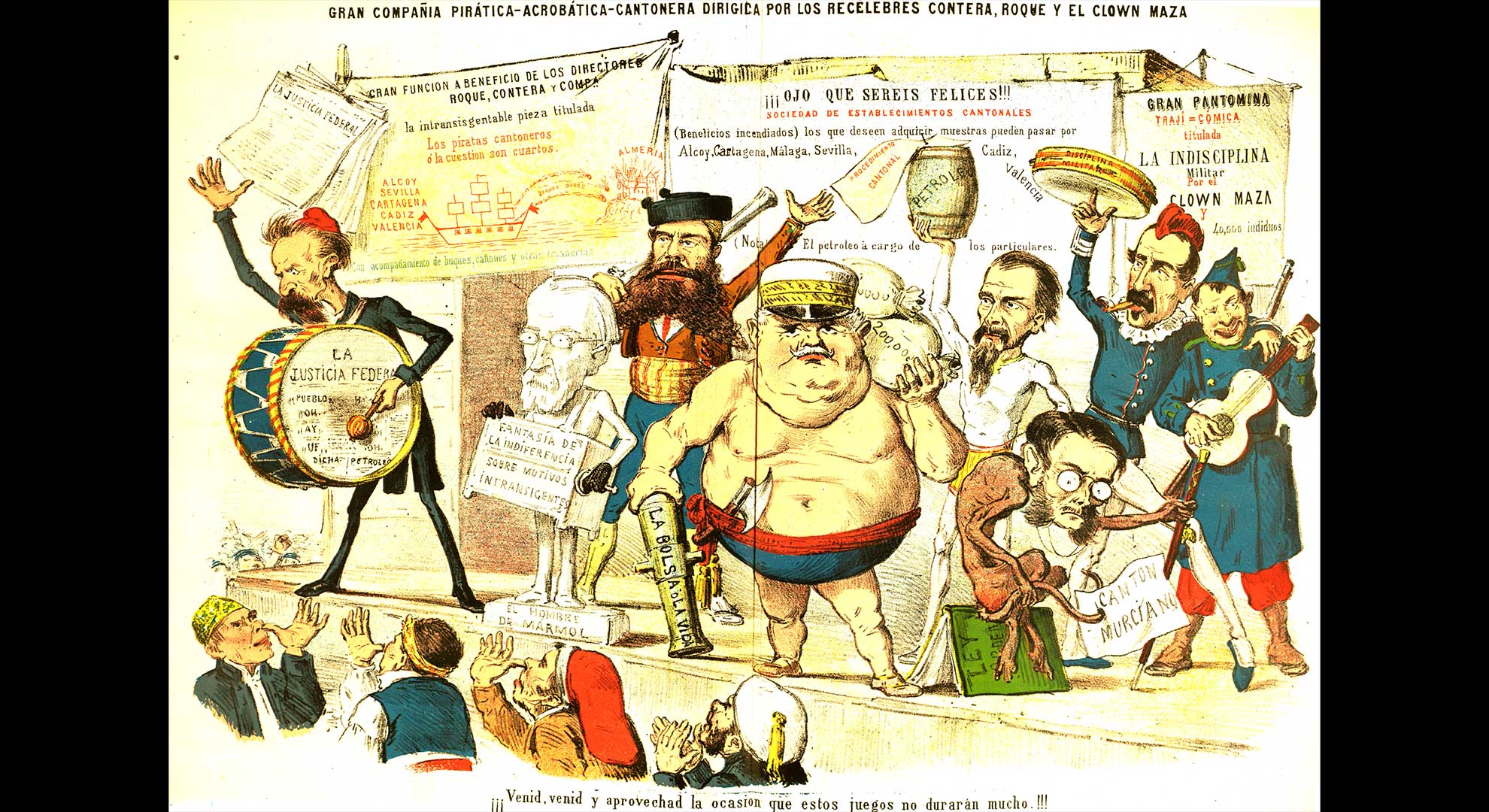 imatge Il·lustració que fa burla del fet cantonal com si fos un espectacle teatral. Personatges: 1. Roque Barcia, republicà intransigent i cantonalista. 2. Francesc Pi i Margall. 3. El general Juan Contreras. La Flaca, 14 d’agost de 1873. Biblioteca de Catalunya