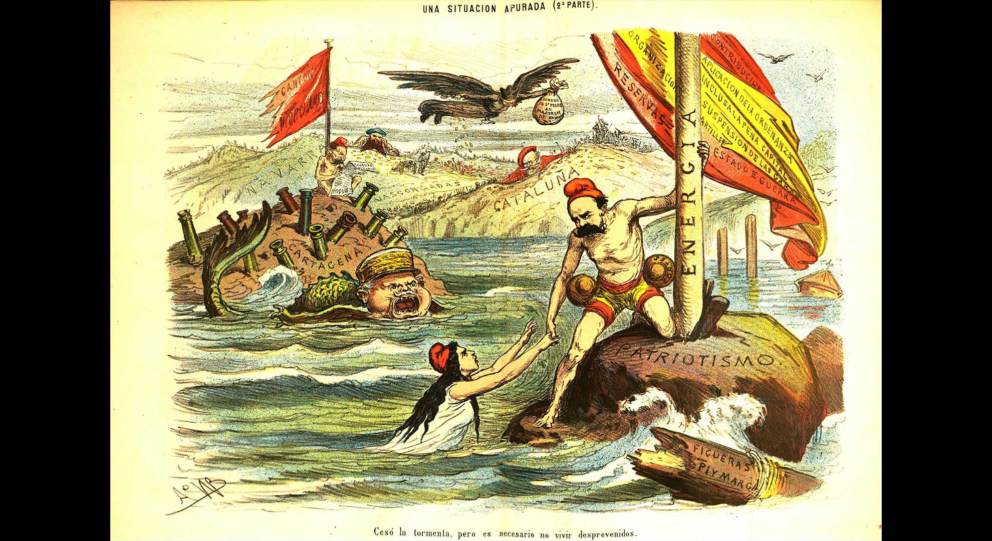 imatge Emilio Castelar intenta salvar una República que fa aigües. Mentrestant, una multitud d’esdeveniments representats a la il·lustració per les guerres carlines a Catalunya i Navarra i el cantonalisme a Cartagena dificulten el seu mandat. Personatges: 1. El general Juan Contreras. 2. Emilio Castelar, agafant de la mà la República per salvar-la. La Flaca, 4 d’octubre de 1873. Biblioteca de Catalunya